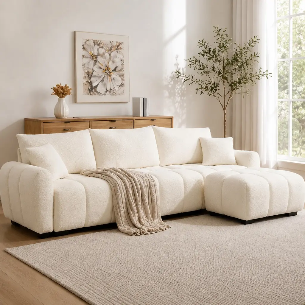110" Extra-Large 4-Seat L-Shape Sectional with Pull-Line & Ottoman, Boucle (3 Colors)