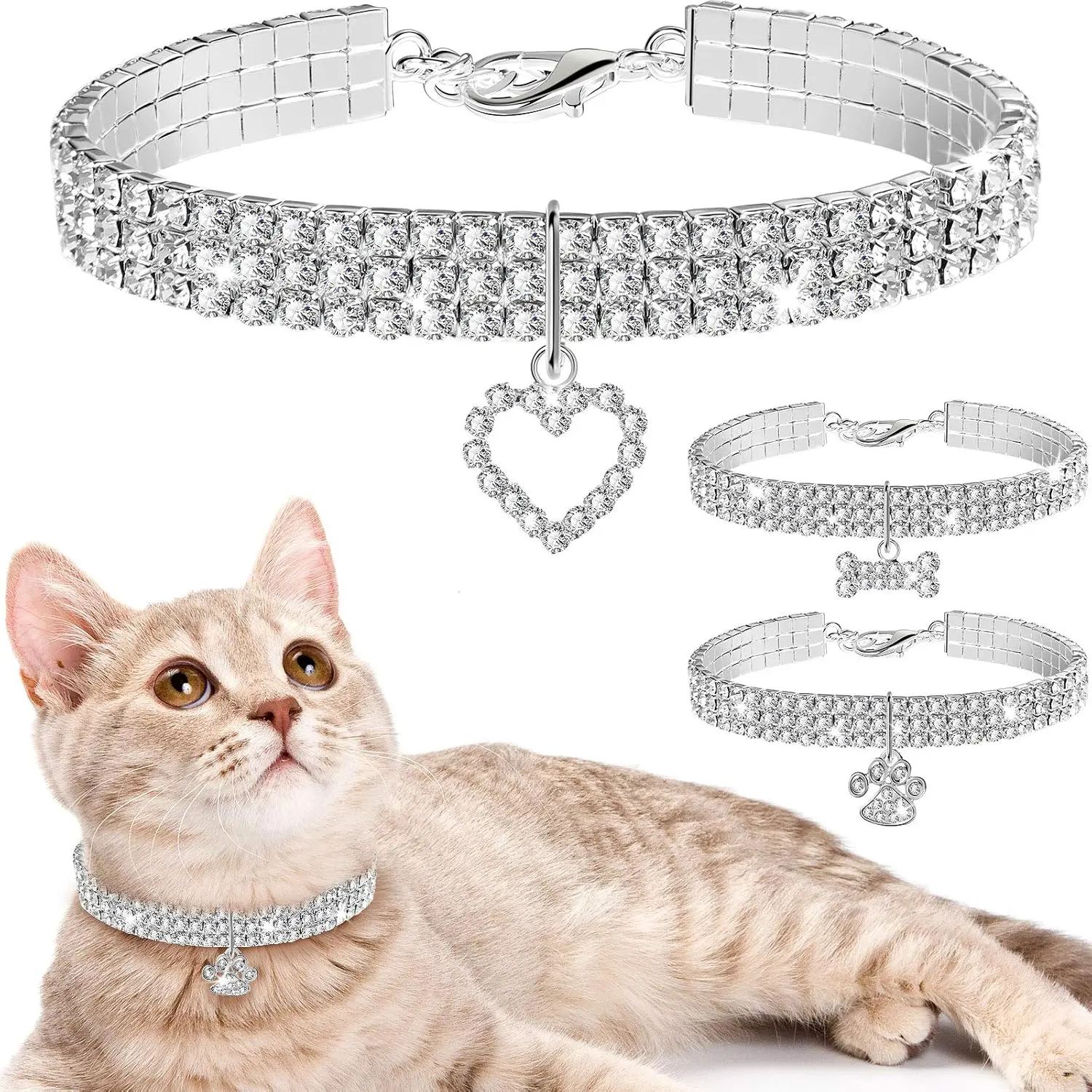 Shiny Rhinestone Pet Collar Set (3-Pack) - Adjustable Elastic Crystal Sequin Pendant Collar with Adjustable Buckle, Copper Base, Sparkling Look, Daily Wear Decor Necklace for Small Dogs, Cats