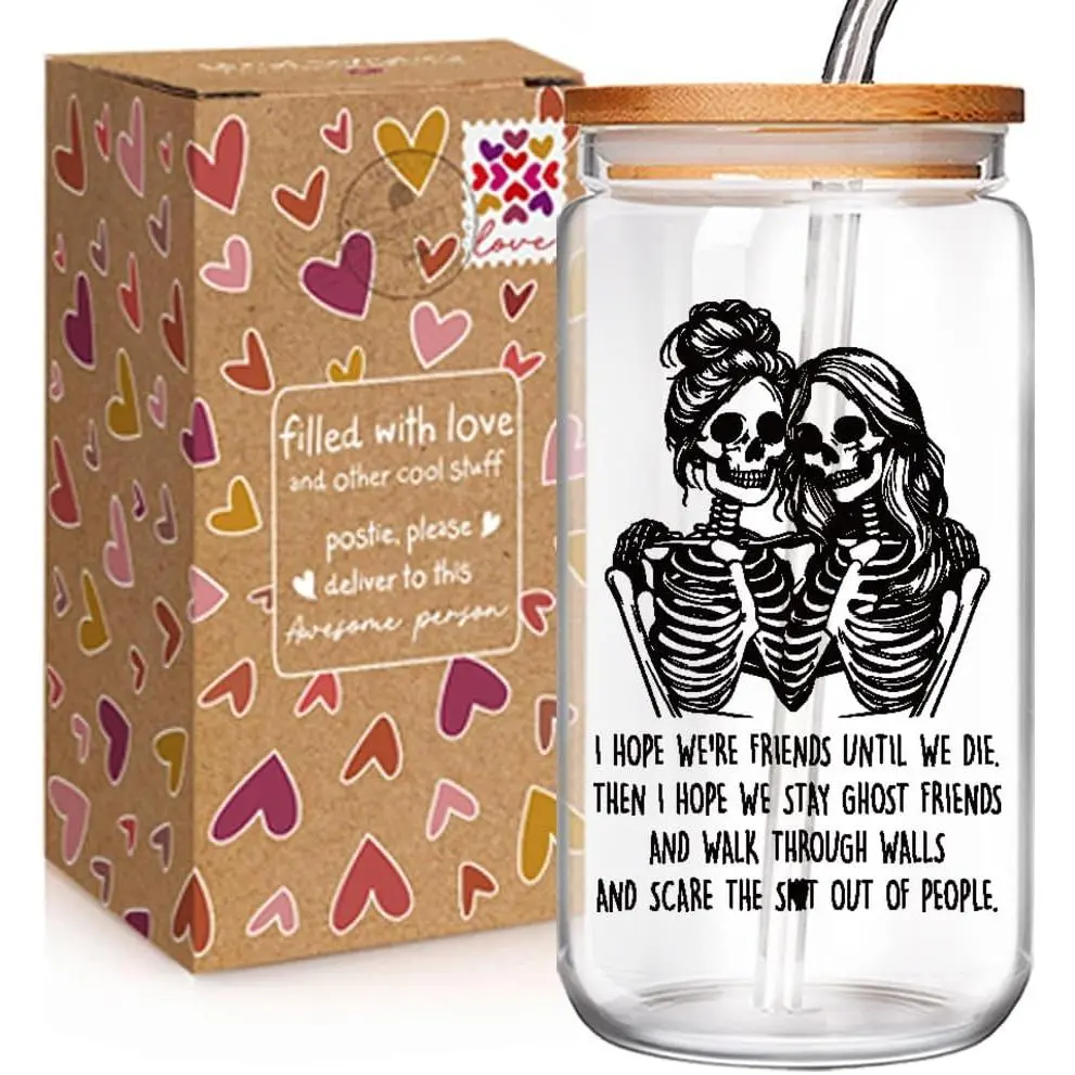 Funny   Skeleton Cup  for Women-16oz  Until We    Glass Cup with  Lid & Straw, Bestie Birthday Halloween Gifts for Women,   Gothic Drinking Cup