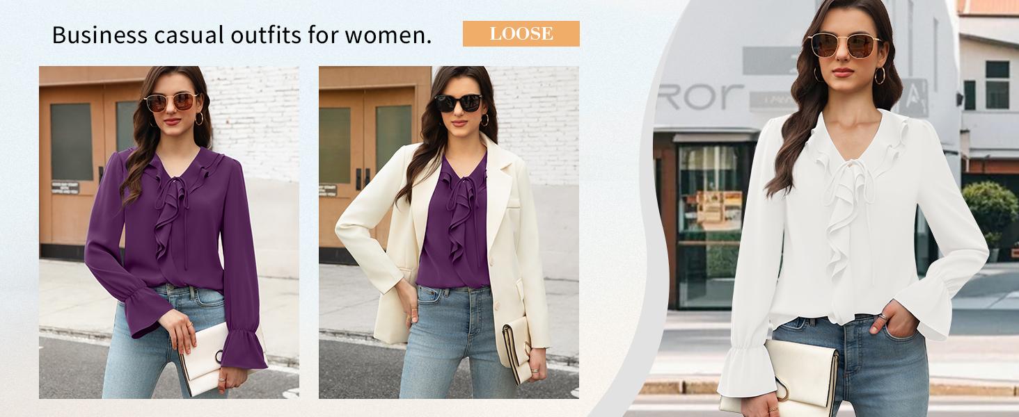 Women's Long Sleeve Chiffon Blouse with Ruffle Cuffs V Neck Tunic Top for Dressy Casual Wear Fall Trendy Work Shirts