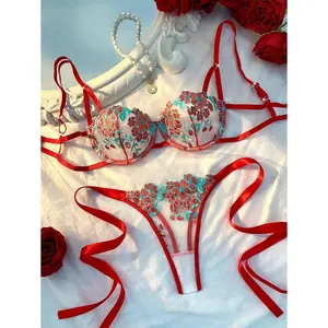 Esselle 2pcs/Set Women Sky Blue Embroidered Lingerie & Panty Set