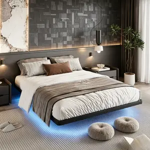 Minimalist Black Floating Metal Bed Frame, Underbed Dimmable LED Lights & Built-In Charging Station, Thick Heavy Duty Steel Slats, No Box Spring Required for Twin Full Queen King