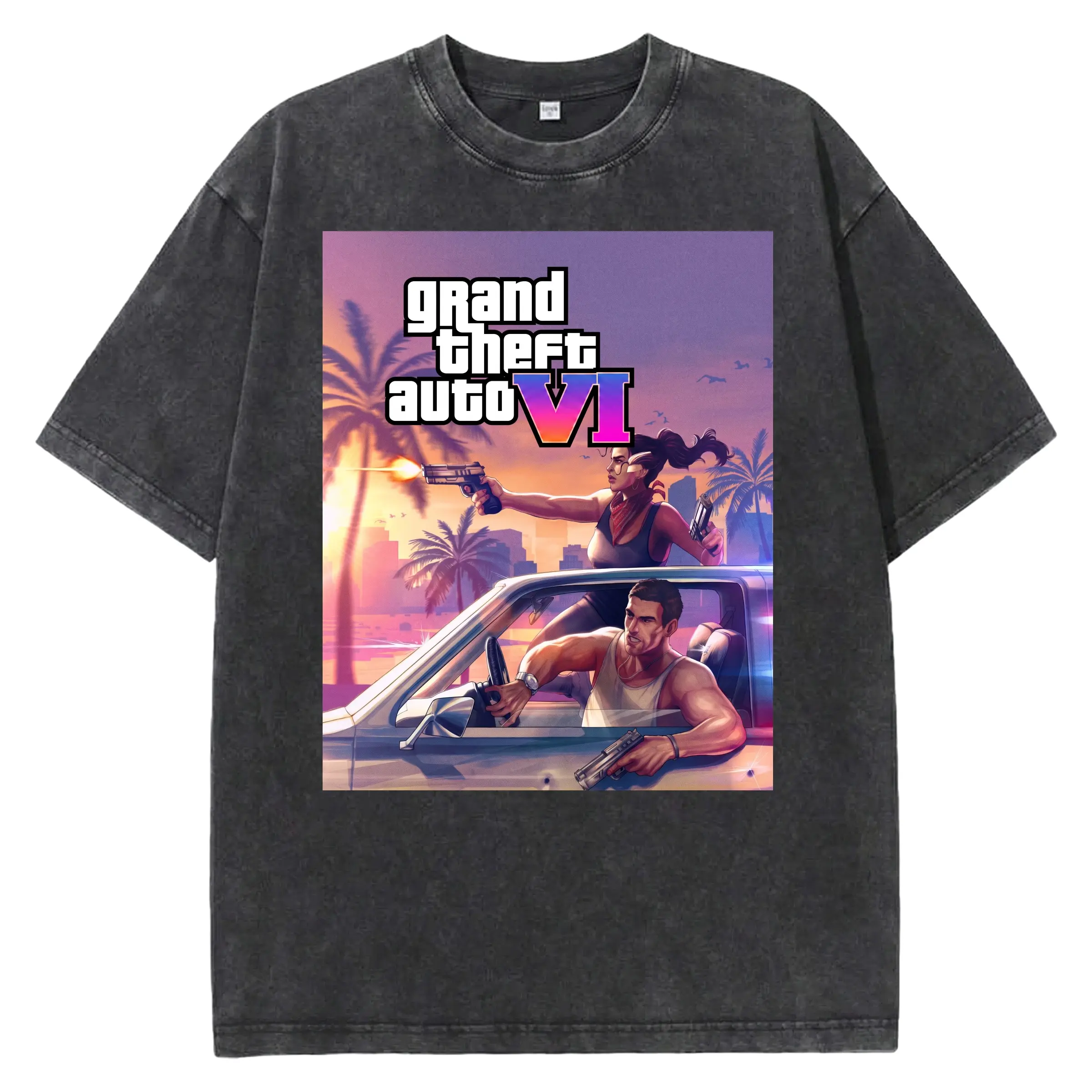 Couple Car Shootout GTA VI Sunset Scene Art Print Washed T-shirts for Men Vintage Heavyweight T Shirts Wash Baggy Cotton Tee Shirt Casual Short-Sleeve Round Neck Streetwear Outfits Men's T Shirts Oversized T-Shirts