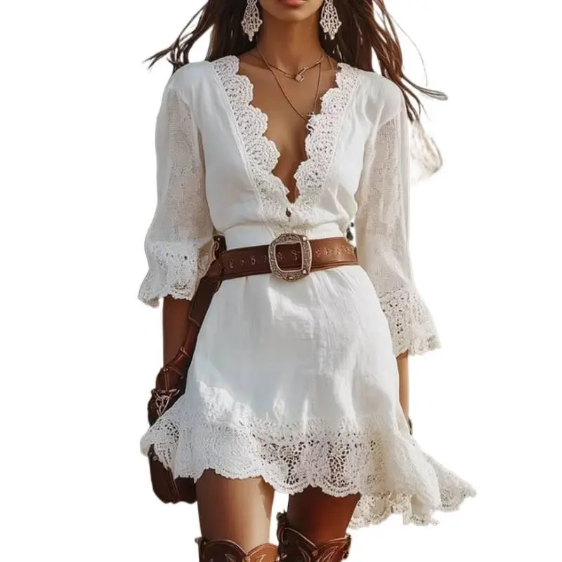 New Spring Summer Women Loose Mini Dress Deep V Neck Flare 3/4 Sleeve Lace Trim Ruffle Hem Bohemian Casual Vacation Beach Ladies Outfit,formal