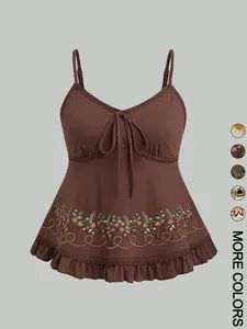 1 Pc Women's Floral Embroidered Ruffled-Hem Fitted Sleeveless Camisole, Casual Feminine Soft Stretchy Fabric with Adjustable Straps, Cute Embroidery Patterns (Flower/Bee/Sun), Lace-Trim Babydoll Top, Multiple Design Options, Womenswear