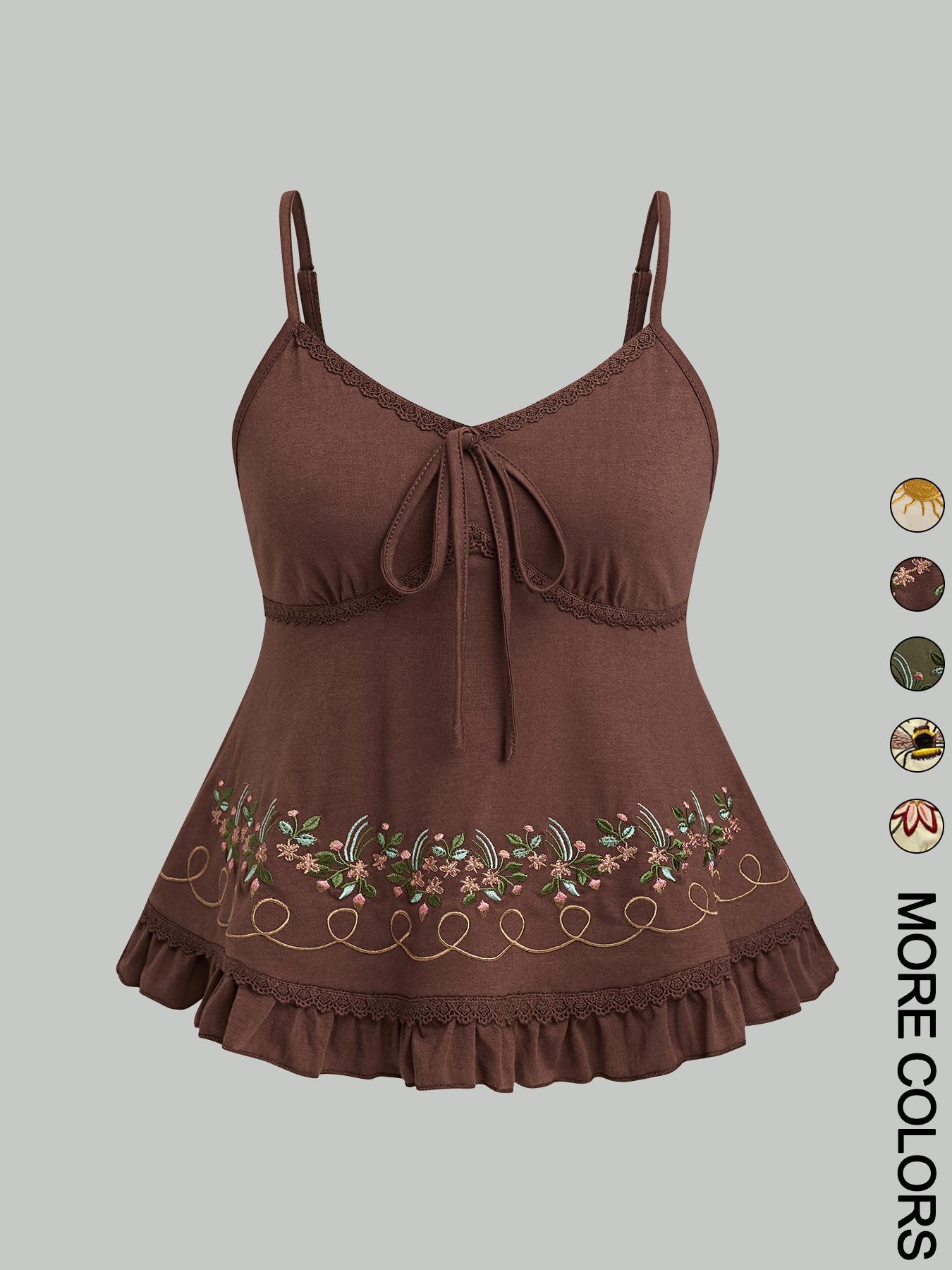 1 Pc Women's Floral Embroidered Ruffled-Hem Fitted Sleeveless Camisole, Casual Soft Stretchy Fabric with Adjustable Straps, Cute Embroidery Patterns (Flower/Bee/Sun), Lace-Trim Babydoll Top, Multiple Design Options