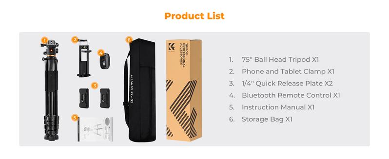 K&F CONCEPT 75 inch/190cm Camera Tripod,Lightweight Travel Outdoor DSLR Tripods with 360 Degree Ball Head Load Capacity 8kg/17.6lbs,Cellphone Clip and Remote Control for Smartphone S255A3+BH-36