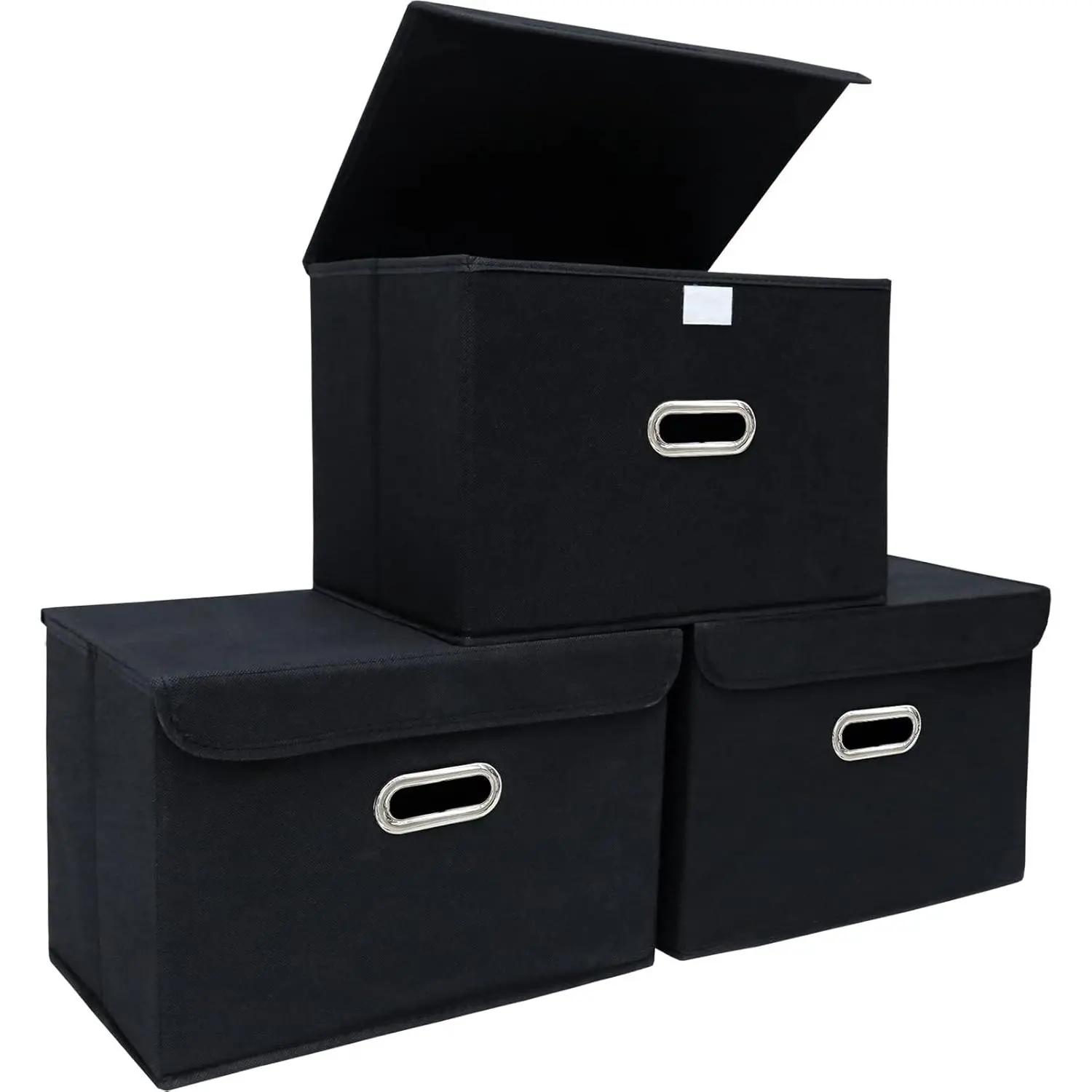 Fabric Storage Cube Bins Foldable Organizer Container Collapsible Basket with Lids and Metal Handles, for Home, Bedroom, Closet (Black, 3 Pcs)