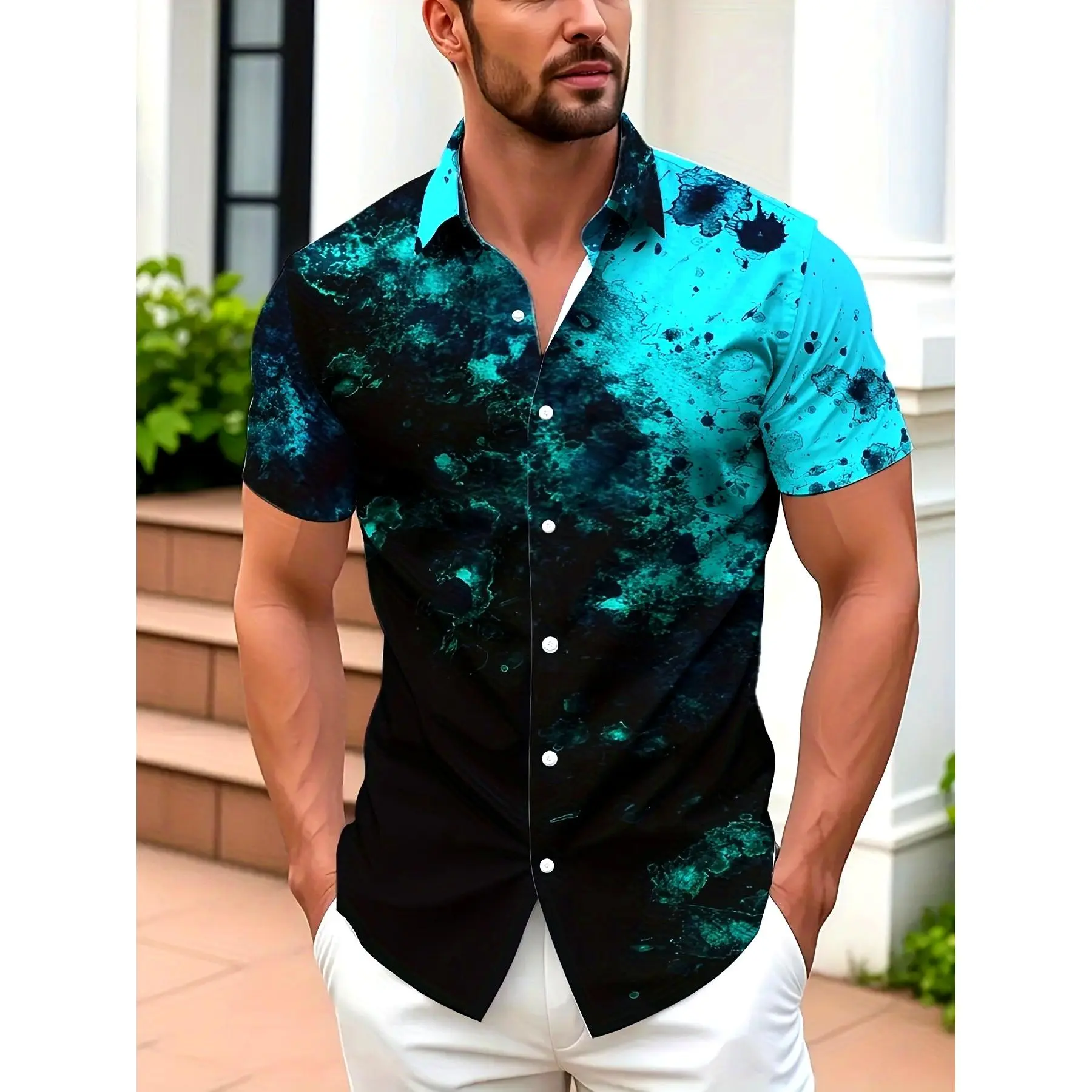 Hawaiian Black Graffiti Gradient Print Short Sleeve Button- Men's Shirt