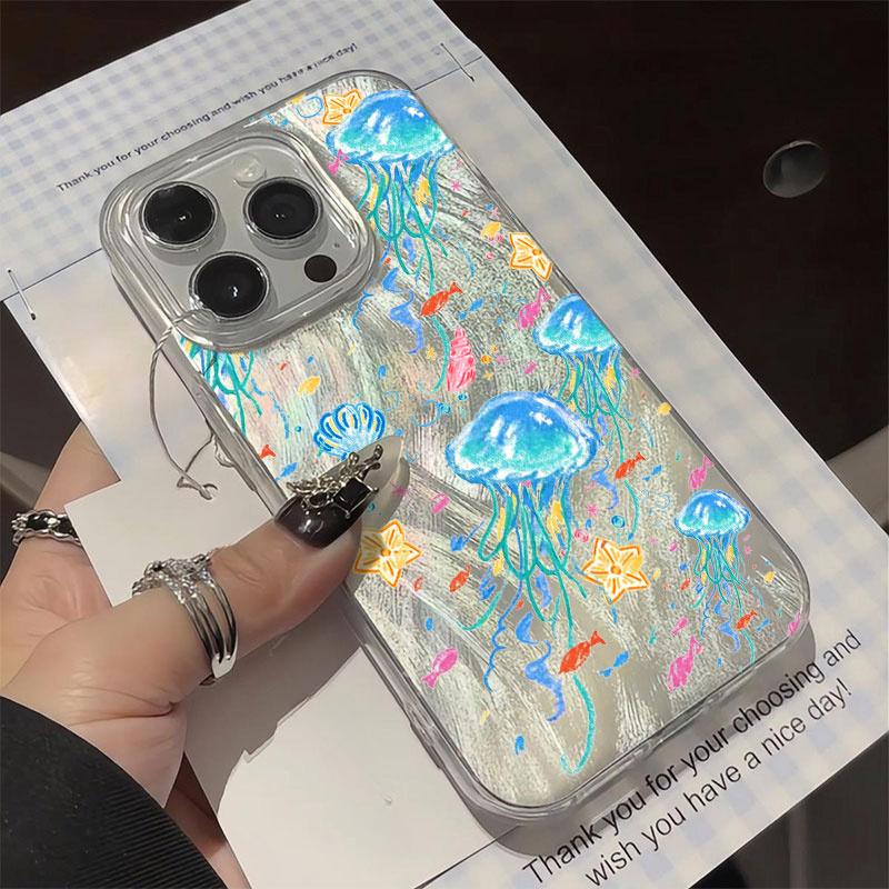Vibrant Jellyfish Feather Cloth Phone Case for iPhone 17 16 15 14 13 12 11 Pro Max Plus & Samsung Galaxy S26 S25 S24 S23 S22 Ultra TPU PET Scratch-Resistant Shockproof Slim Fit Colorful Protection Cellphone Casing