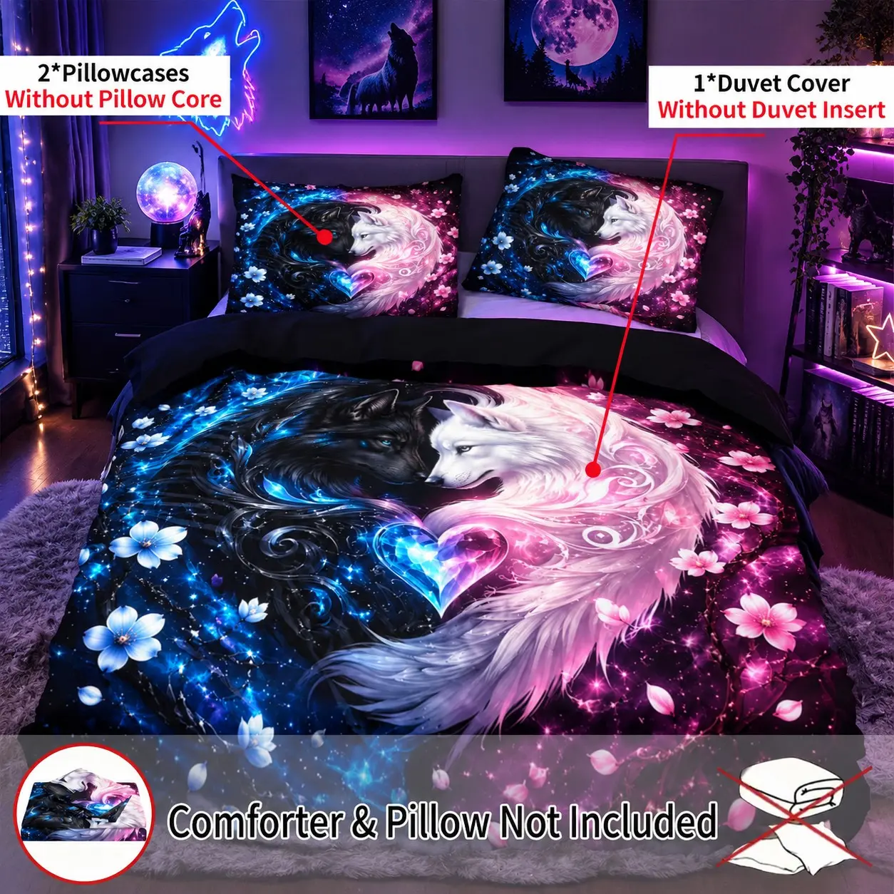 Universe Wolf Theme Bedding Set (3-Piece), Wolf Floral Galaxy Pattern, Polyester Fiber, Bedroom Decor, No Inner Core, Bed Sets