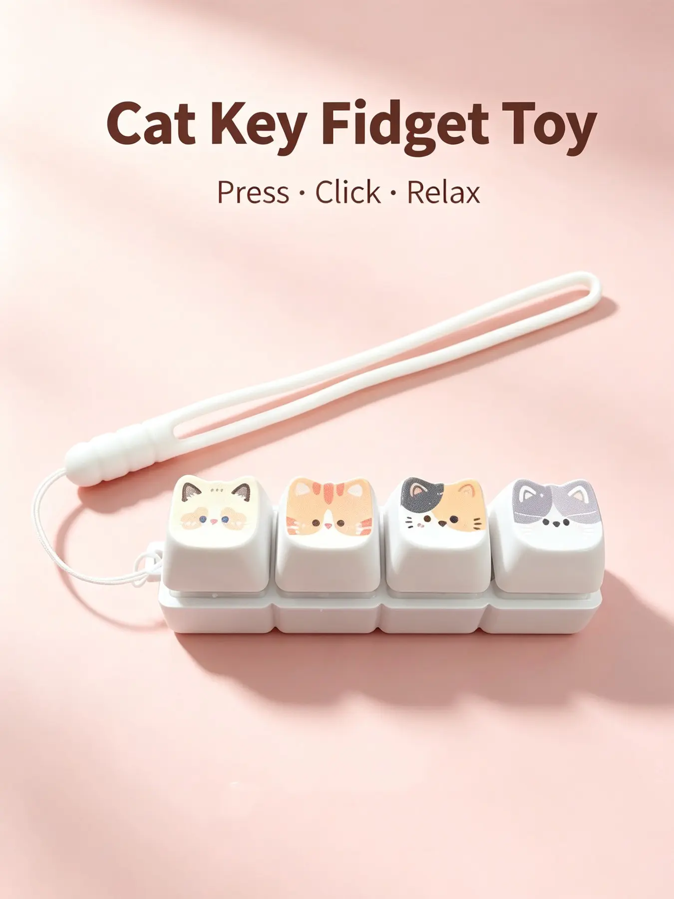 Cute Cat 4‑Keys Fidget Toy Keychain, Mechanical Switch Clicker Fidget Pad, Portable Stress Relief Fidget Key Ring, Back to School Gift, Mini Keyboard Fidget Gadget for Adults Kids Backpack Accessory