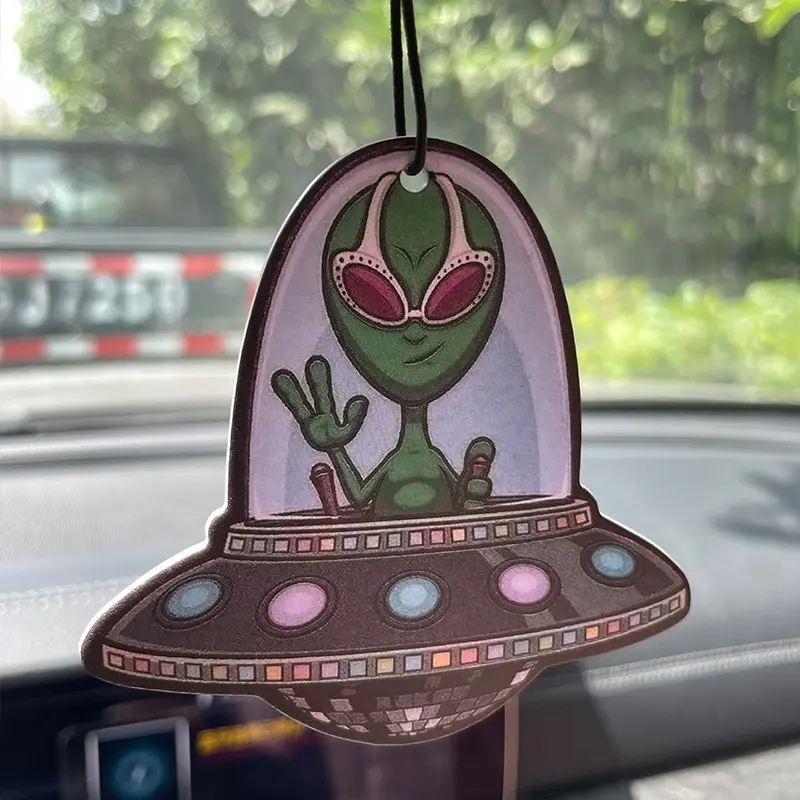 Cute Retro Alien Ufo Disco Spaceship Car Hanging Air Freshener, Natural Citrus Woody Scent, Aromatherapy Ornament for Car Bathroom Bedroom