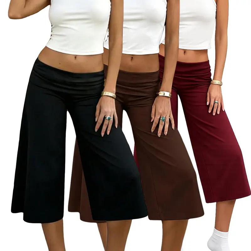 Women's 3-Pack Everyday Fold-Over Ruched Low-Waist Flare Capri Pants - Soft Stretchy Lightweight Breathable Knit Bottoms, Comfortable Wrinkle-Free Non-See-Through Elastic Leg Fit Culottes, Casual, Fabric