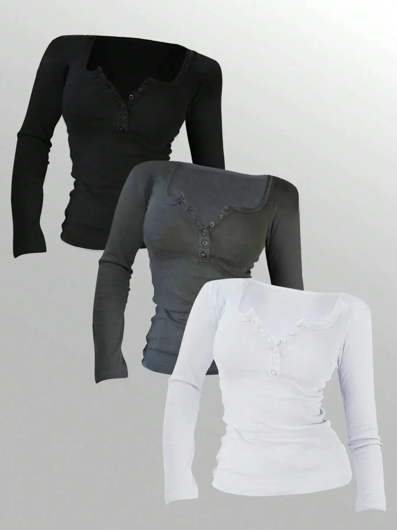 Trending Solid Henley Half Button V Neck Women 3 Piece Matching Set Soft Stretch Fabric Casual Loungewear Co Ord, Slim Fit Long Sleeve Top And Pants Outfit Set Perfect For Daily Home Walk Holiday Looks