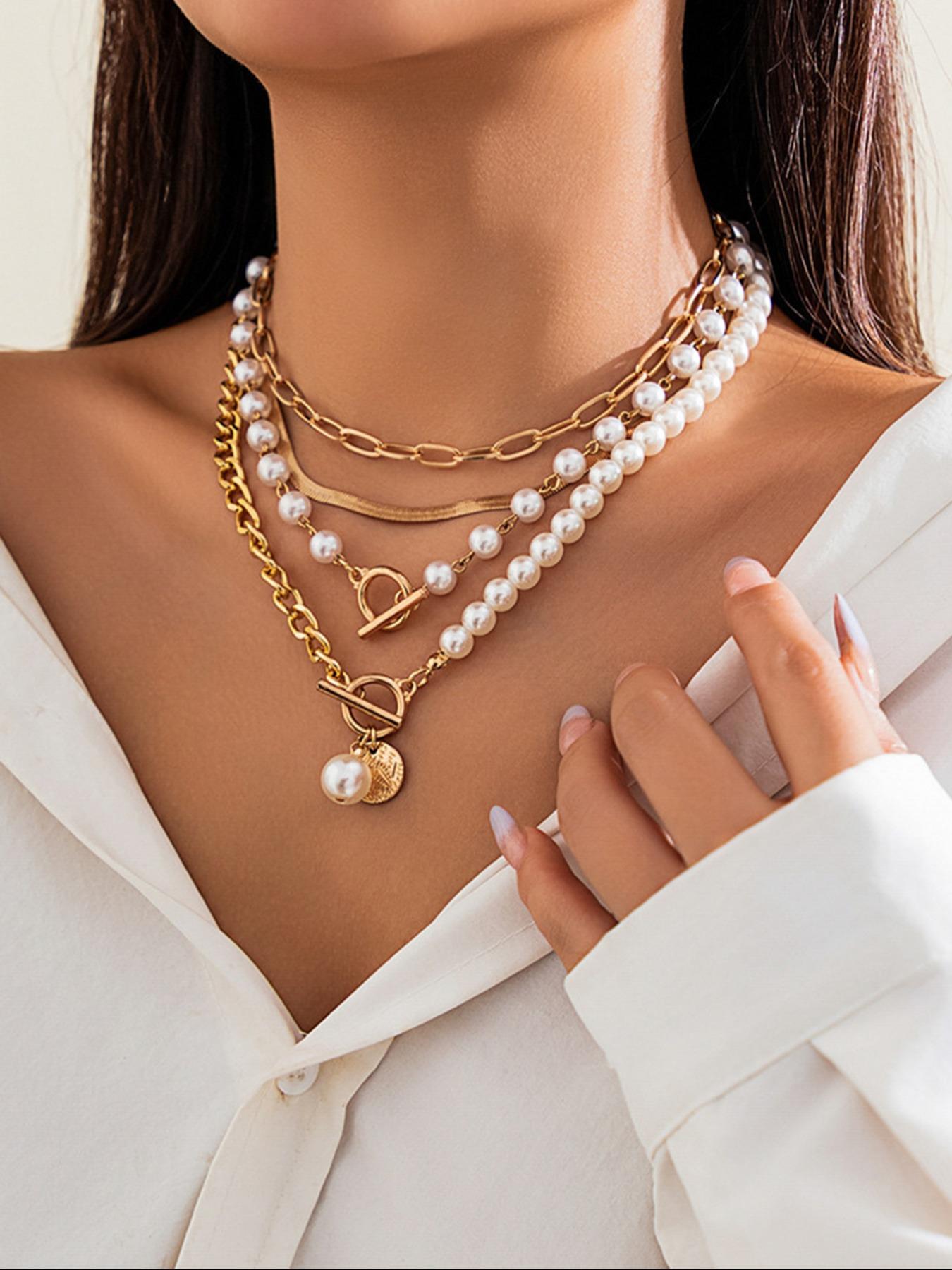 Faux Pearl Decorated Layered Pearl Chain Necklace, Fashion Jewelry for Party, Daily Clothing Decor, Trendy All-match & Exquisite Jewelry for Birthday Gift