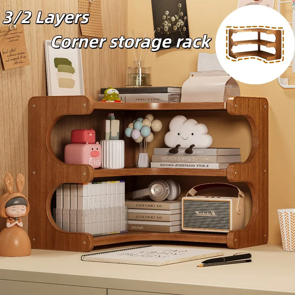 Three-Tier Corner Desktop Storage Rack, Dual-Purpose Space-Saving Organizer for Office, Bedroom and Living Room, Display Stand for Books, Plants and Stationery with Modern Minimalist Multi-Functional Design