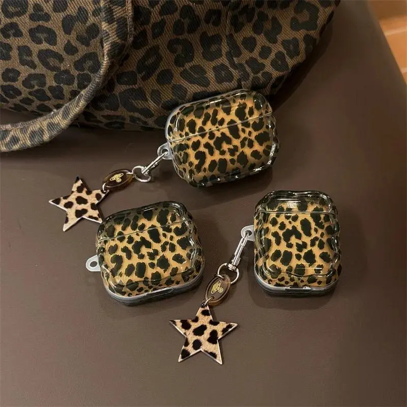 Fashion Leopard Print Headphone Case For Apple Airpods Pro 3 4 2 Cover with Star Charm Silicone Headset Cases For Airpod 4 Funda