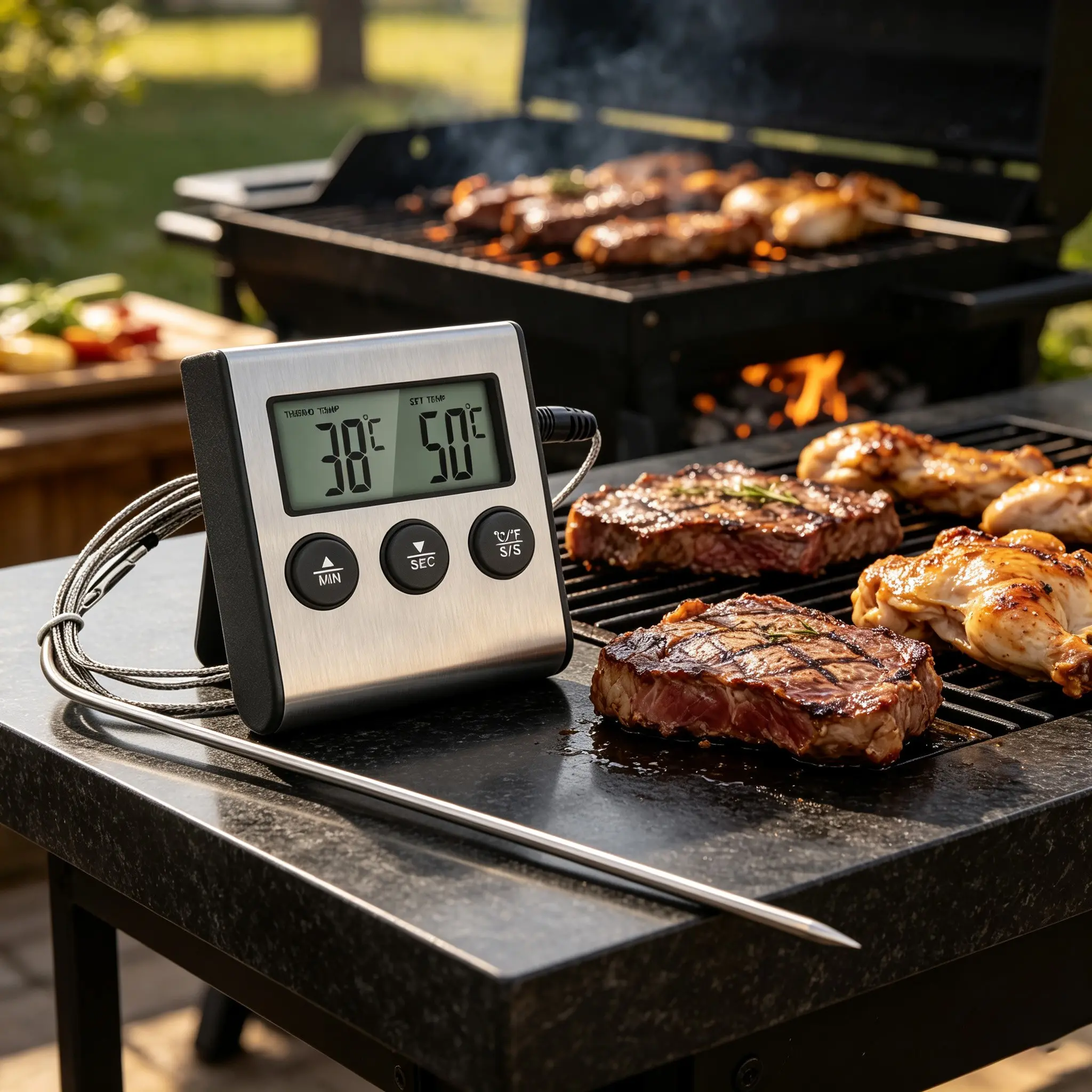 Digital Food Thermometer with Timer Instant Read Meat Thermometer with Stainless Steel Probe, ℃/℉ Switchable Temperature Gauge for Oven, BBQ Grilling, Baking, Cooking, Kitchen Essentials