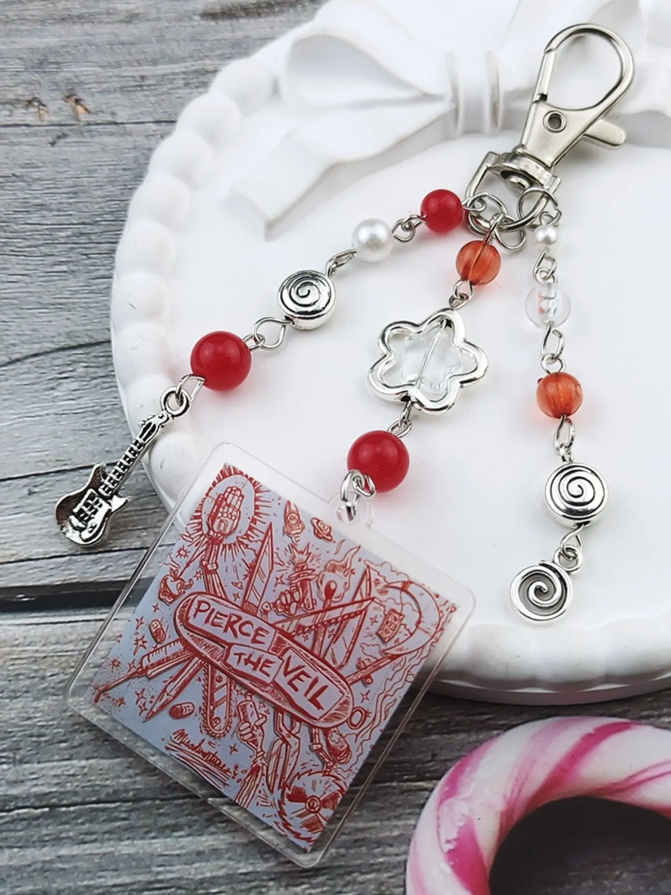 Pierce the Veil Band Keychain Charms, Bead Guitar Star Beaded Pendant, Y2K Punk Bag Charm, Unique Music Lover Accessory