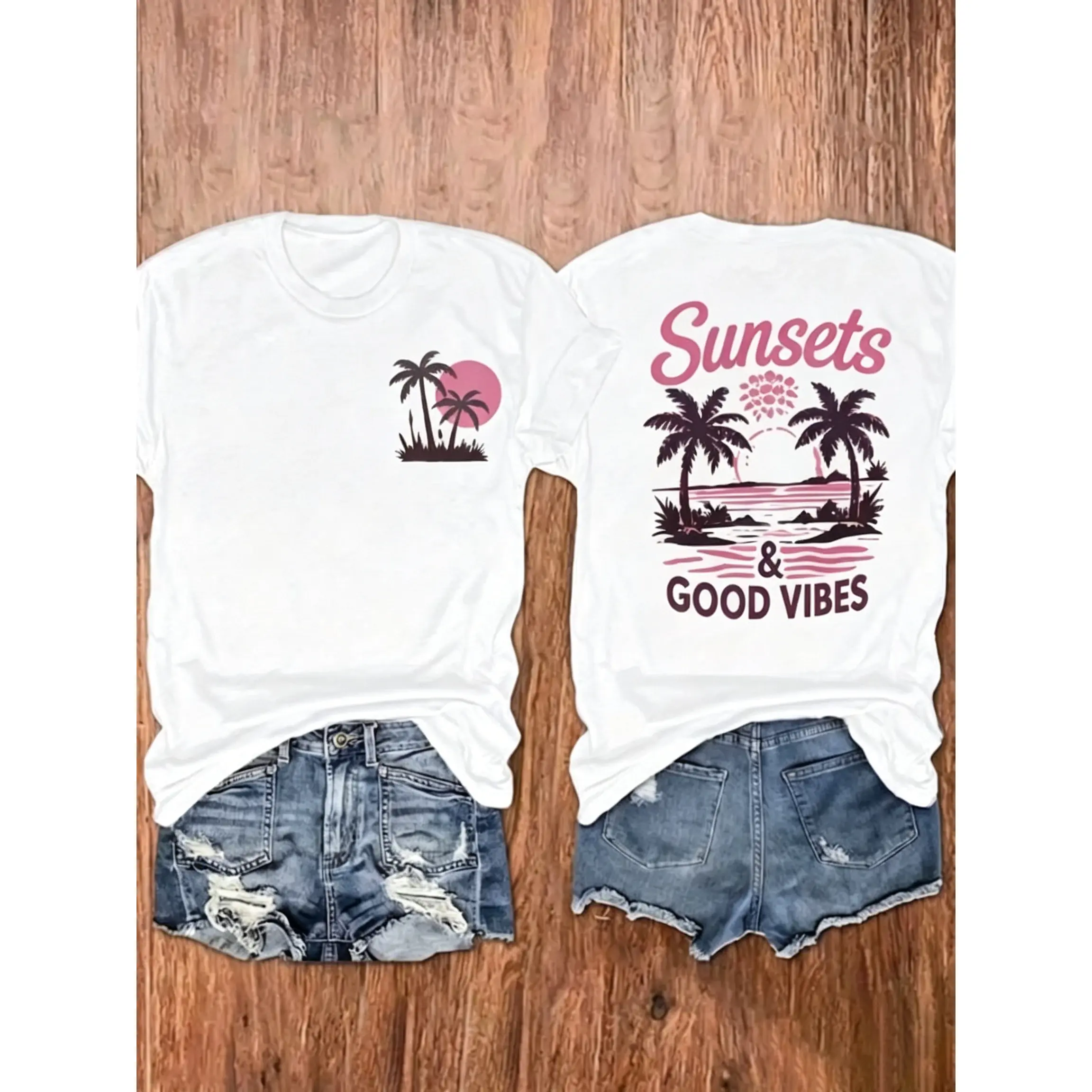 Men's 100% Pure Cotton Retro Vintage Round Neck Short-Sleeve Tee, 180g Foldable Cute Palm Tree & Sunset Graphic, Back "FOREVER CHASING Sunsets" Print, Soft Casual Vacation Top (Do Not Bleach)