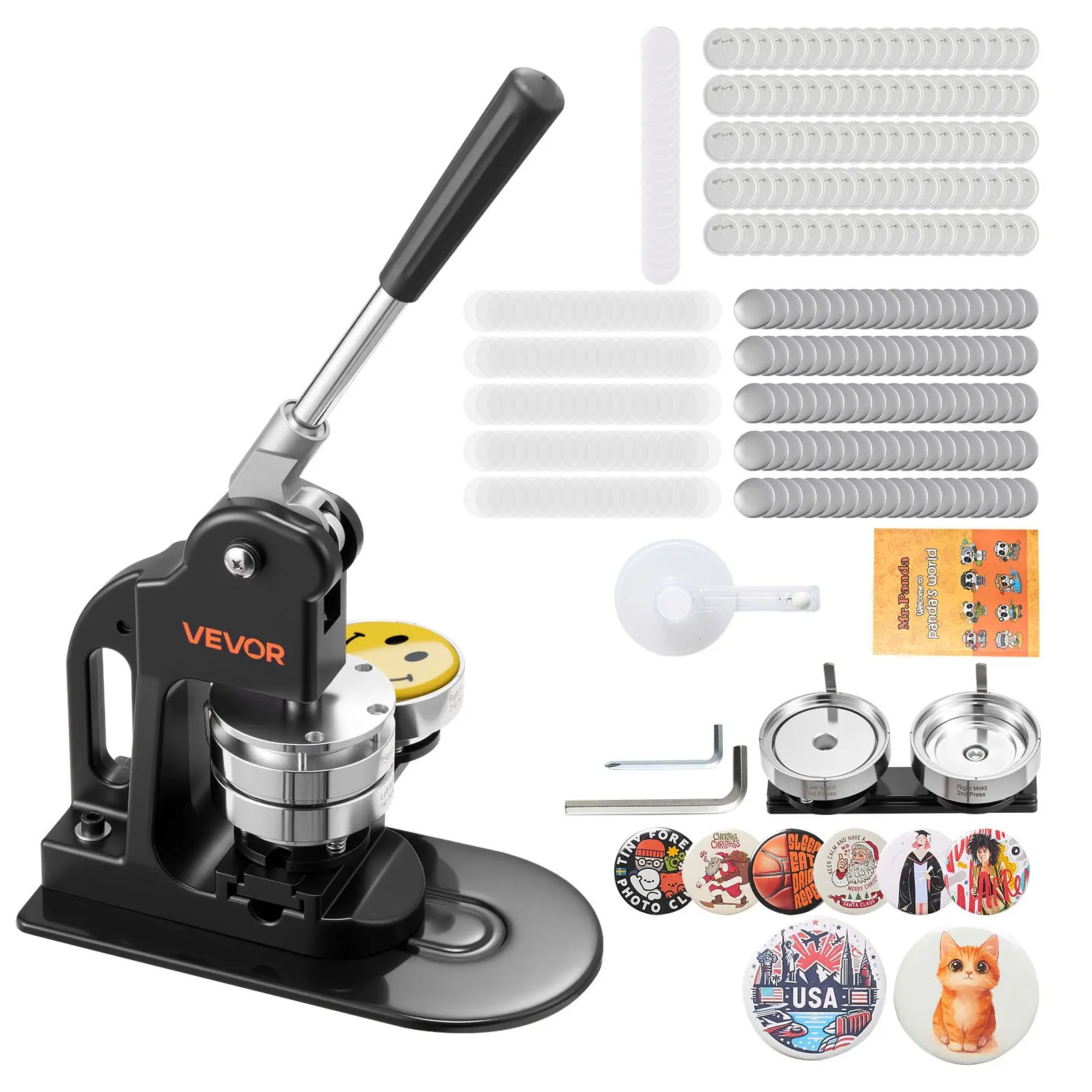 VEVOR 3-in Badge Maker Machine, 500pcs Button Parts, Circle Cutter, Hex Wrenches & Magic Book, Ergonomic Handle, Alignment Guide Marks, Built for Everyday Use, for DIY Badges & Key Chains, Black