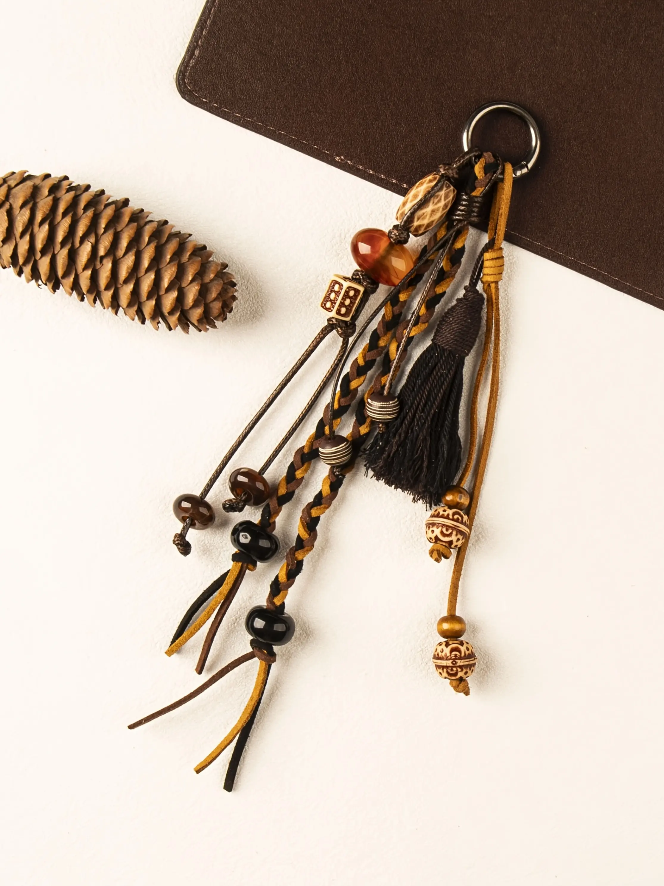 1pc Bohemian Western style Boho woven rope tassel wooden bead keychain, vintage ethnic style bag charm, multiple styles, vintage tote bag charm, retro luggage charm.