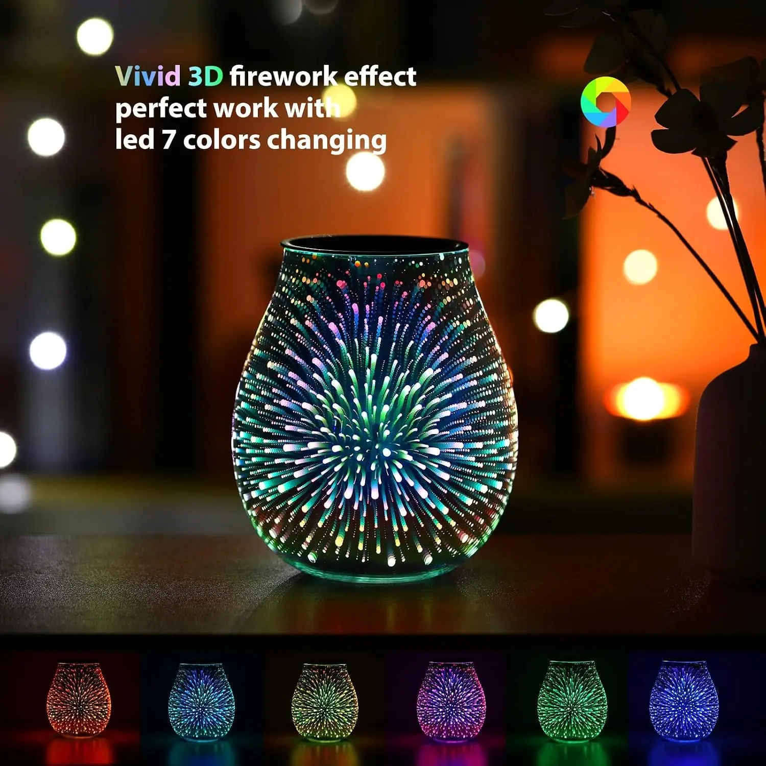 Glass Electric Wax Melt Warmer Oil Burner with PTC Stable Heating, Reusable Silicone Tray, 7 Color-Changing LED Night Light, Scent Warmer for Home Fragrance - FireworkGift