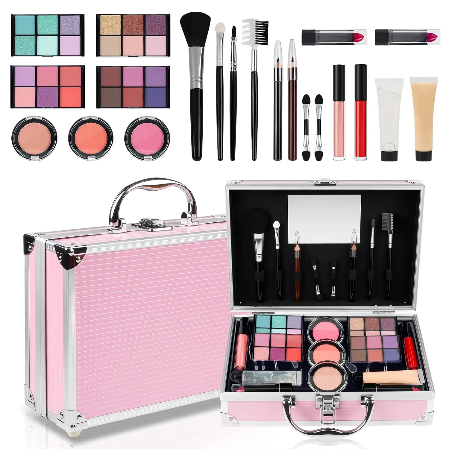 Compact Gentle Makeup Kit for Teen Girls - Complete Cosmetic Set with Eyeshadow Palette, Lipstick, Blush, Lip Gloss, Brushes, Pink Gift