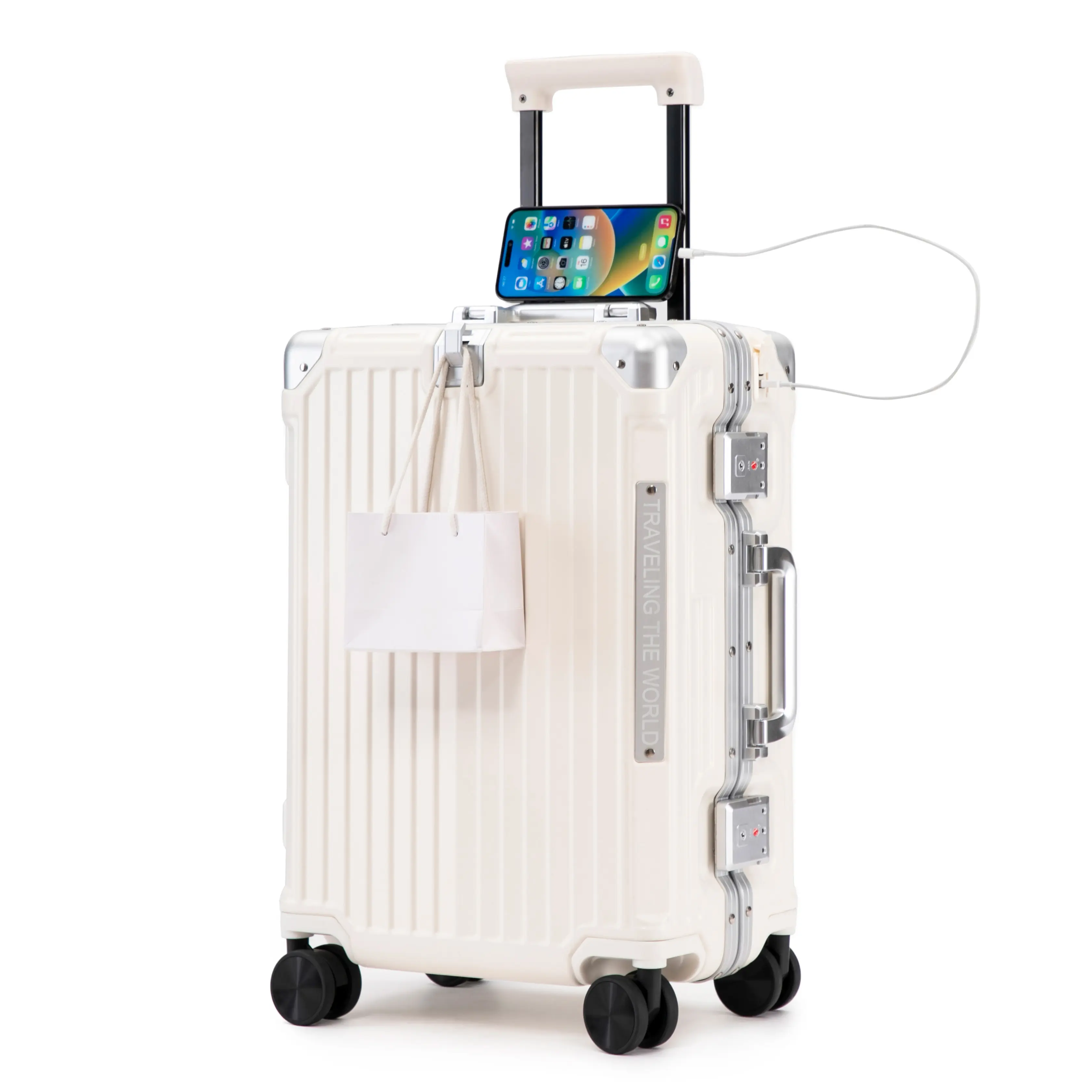 20 Inch Carry On Luggage, ABS Hard Shell Suitcase with Aluminum Frame, USB Charging Port, Cup Holder, Spinner Wheels, Milk White