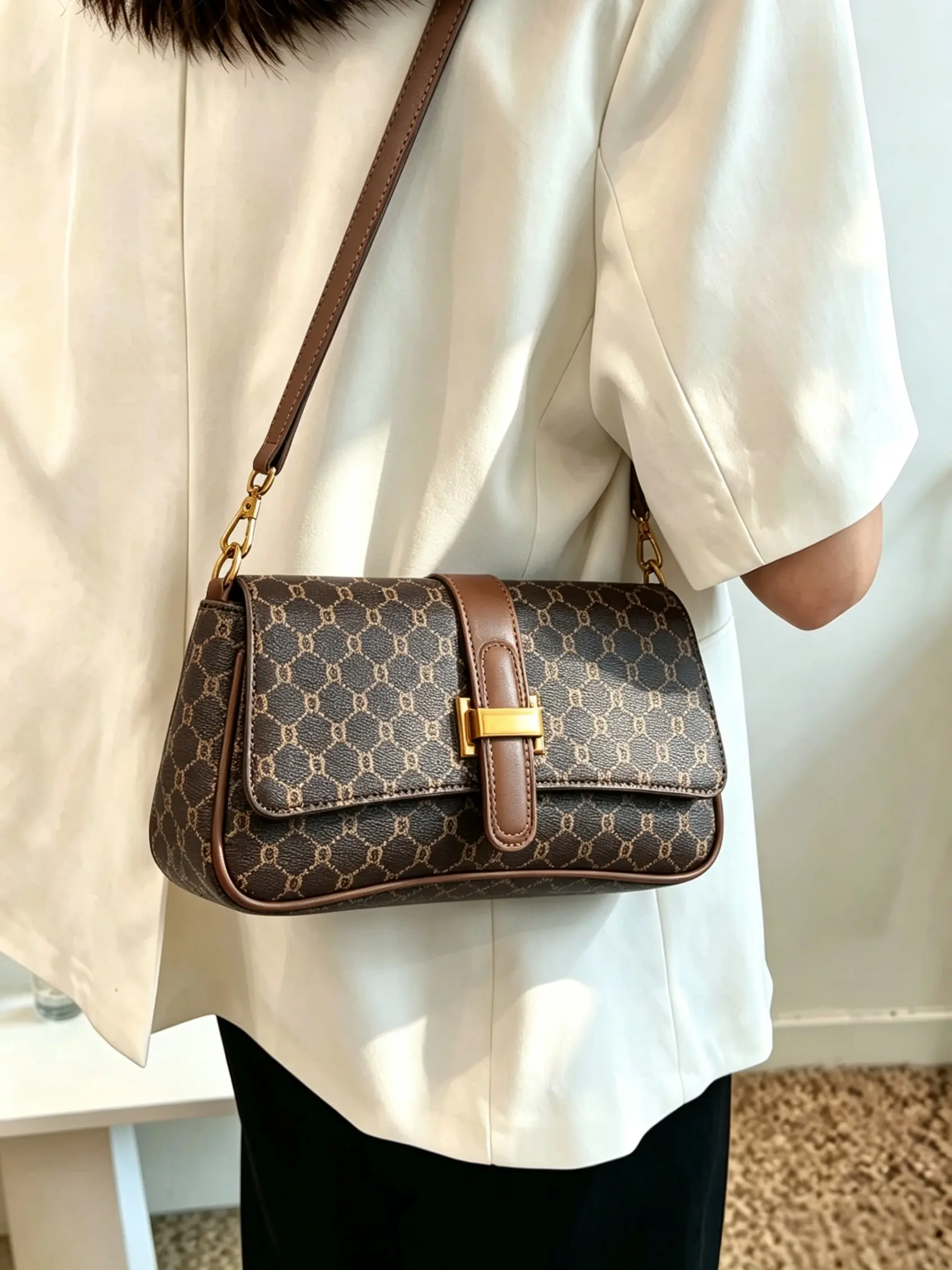 Full Print Casual Coffee Brown Colorblock Underarm Bag, Fashionable Crossbody Bag, with Adjustable Straps, Everyday Crossbody Purse for Mature Wome, Gift Bag for Mom, Stylish Accessory