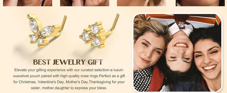 THUNARAZ 18 Pcs 14K Gold Filled Hoop L Shape Nose Rings for Women Men Hypoallergenic Stainless Steel Nose Studs Cute Heart Square CZ Nose Bone Screw Nostril 18g 20g Piercing Jewelry for Daily Outings Christmas Gift