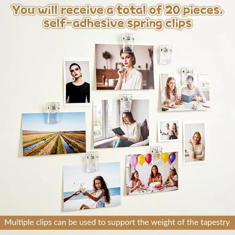 20 Pcs Self-Adhesive Clips,  Tapestry Wall Hangers Clear Sticky Strip Clips for Hanging Photo Poster Home Office Decorations