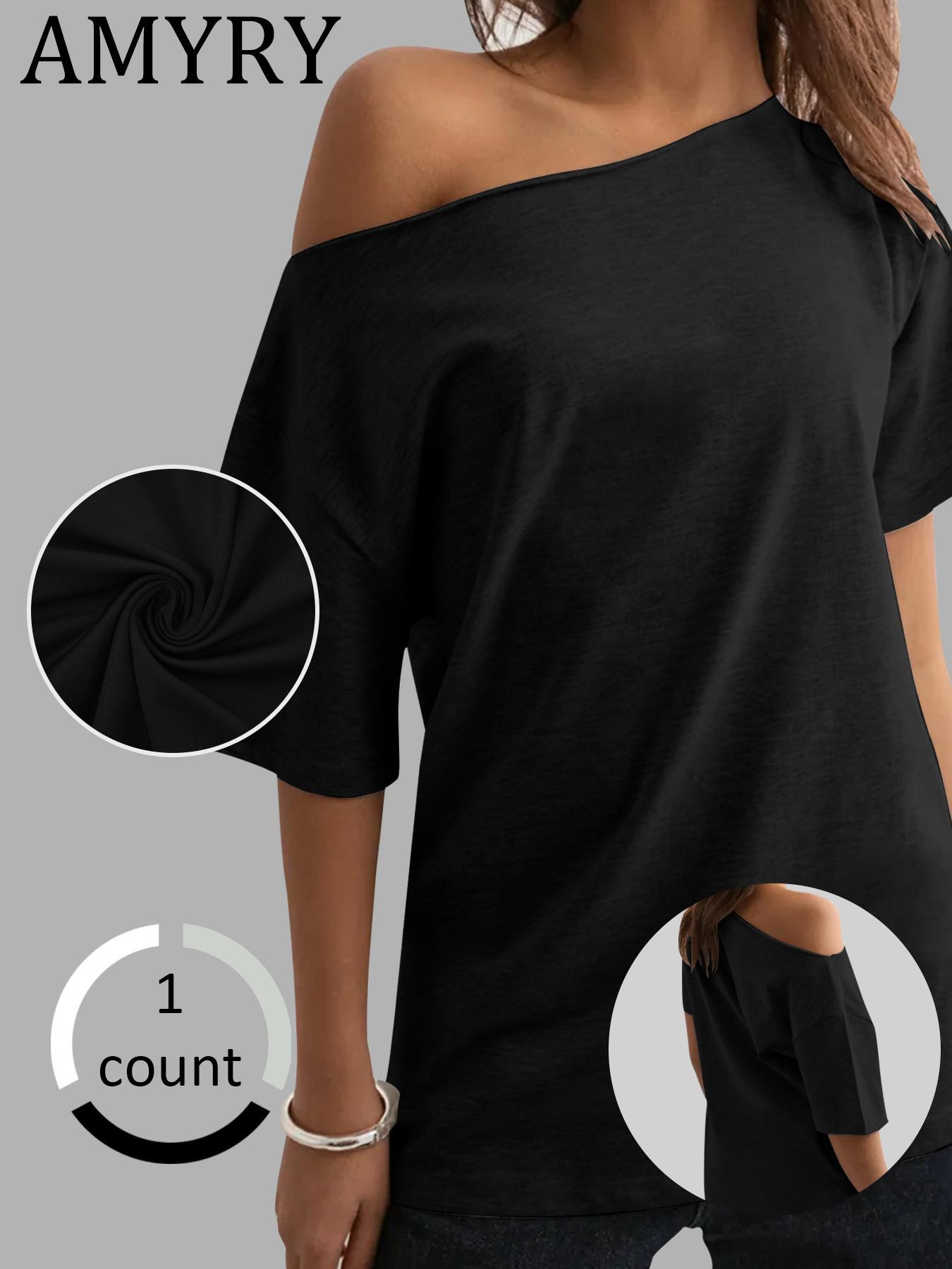 Women's Solid Asymmetrical Neck Tee, Casual Loose  T-shirt for Daily Wear, Ladies Clothes for All Seasons, Top