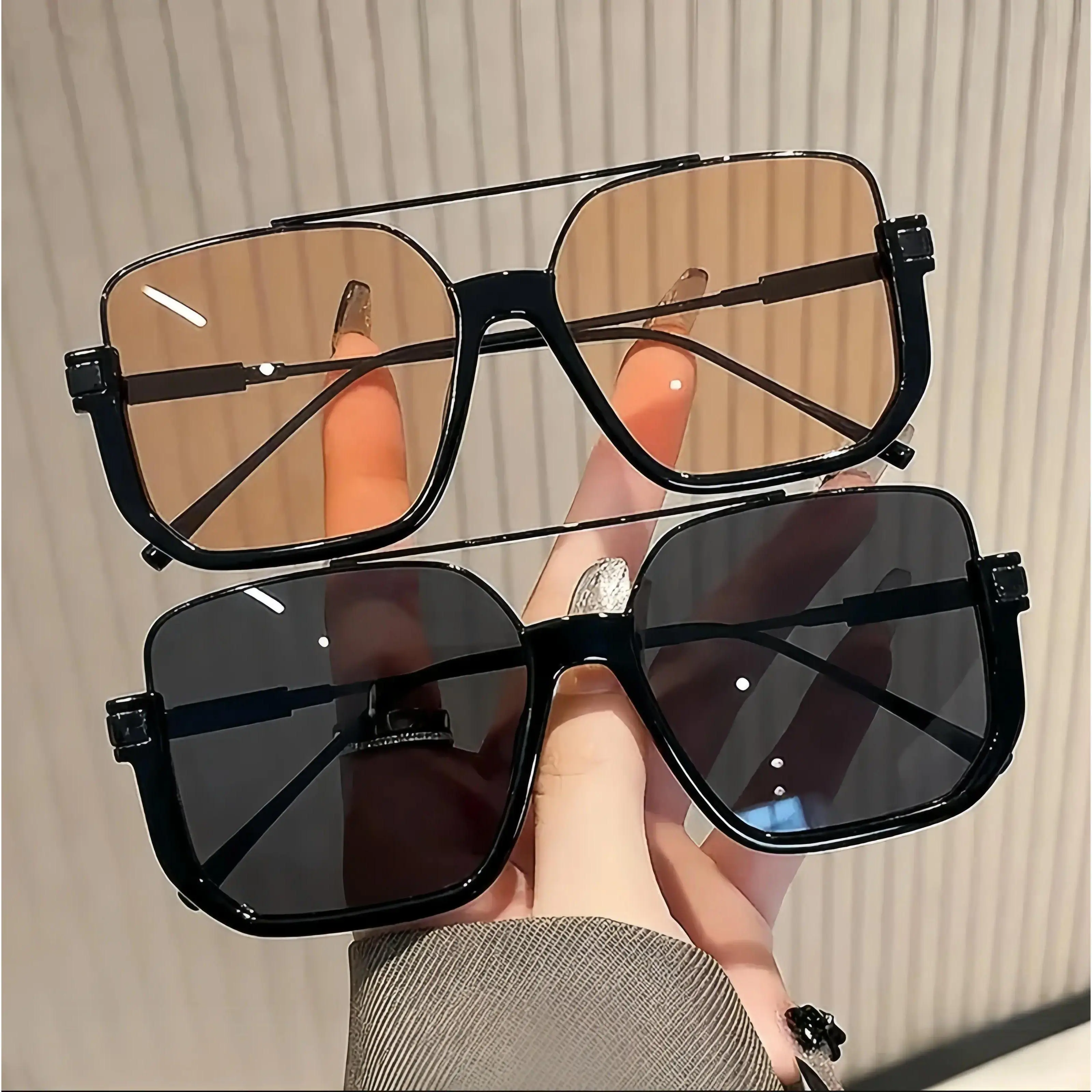 Unisex Oversized Square Sunglasses, Retro Double Bridge Metal Frame Shades with UV Protection Lens for Driving & Everyday Fashion