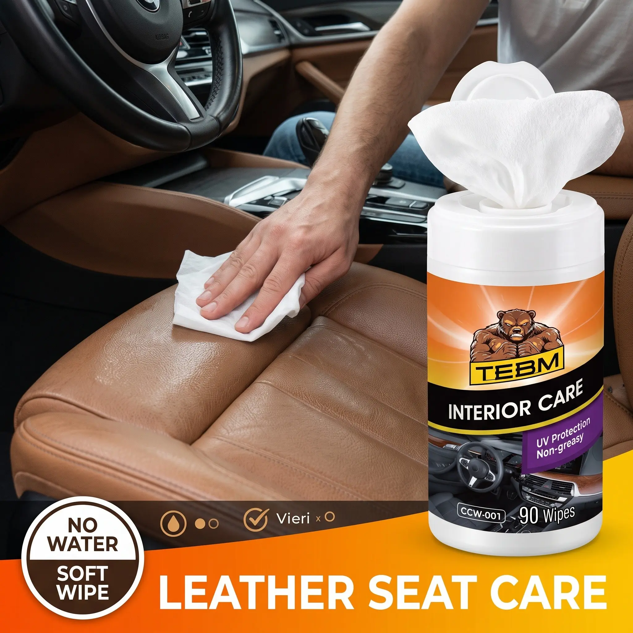 Auto Interior Leather Care Wipes, Alcohol-Free Cleaner Wipes, Restore Shine for Car Seats, Prevent Cracking & Fading, Leather Care Wet Wipes
