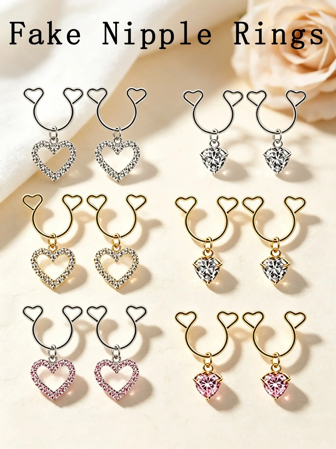 6Pair Non Piercing Nipple Jewelry Fake Nipple Rings Adjustable Pendant Cute Heart CZ Faux Body Jewelry for Women Comfortable Hypoallergenic Stainless Steel Valentine's Day