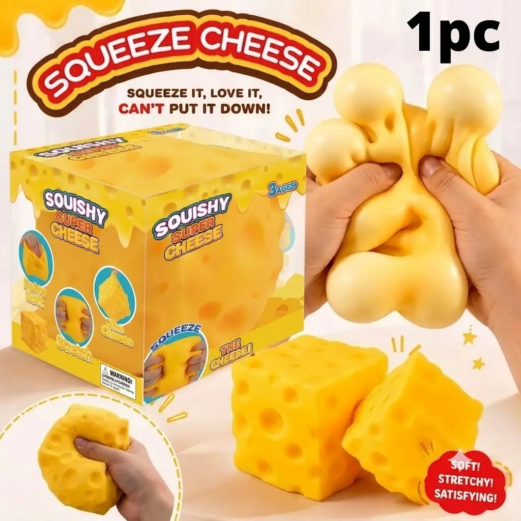 Big Cheese Squishy, 4.3" Jumbo Cheese Cube Block Squishy Toy, Giant Slow Rising Sensory Fidget Squeeze Toy, Easter Basket Stuffers, Large Stress and Anxiety Relief Toy for Adults & Tee, Squishies Cheese
