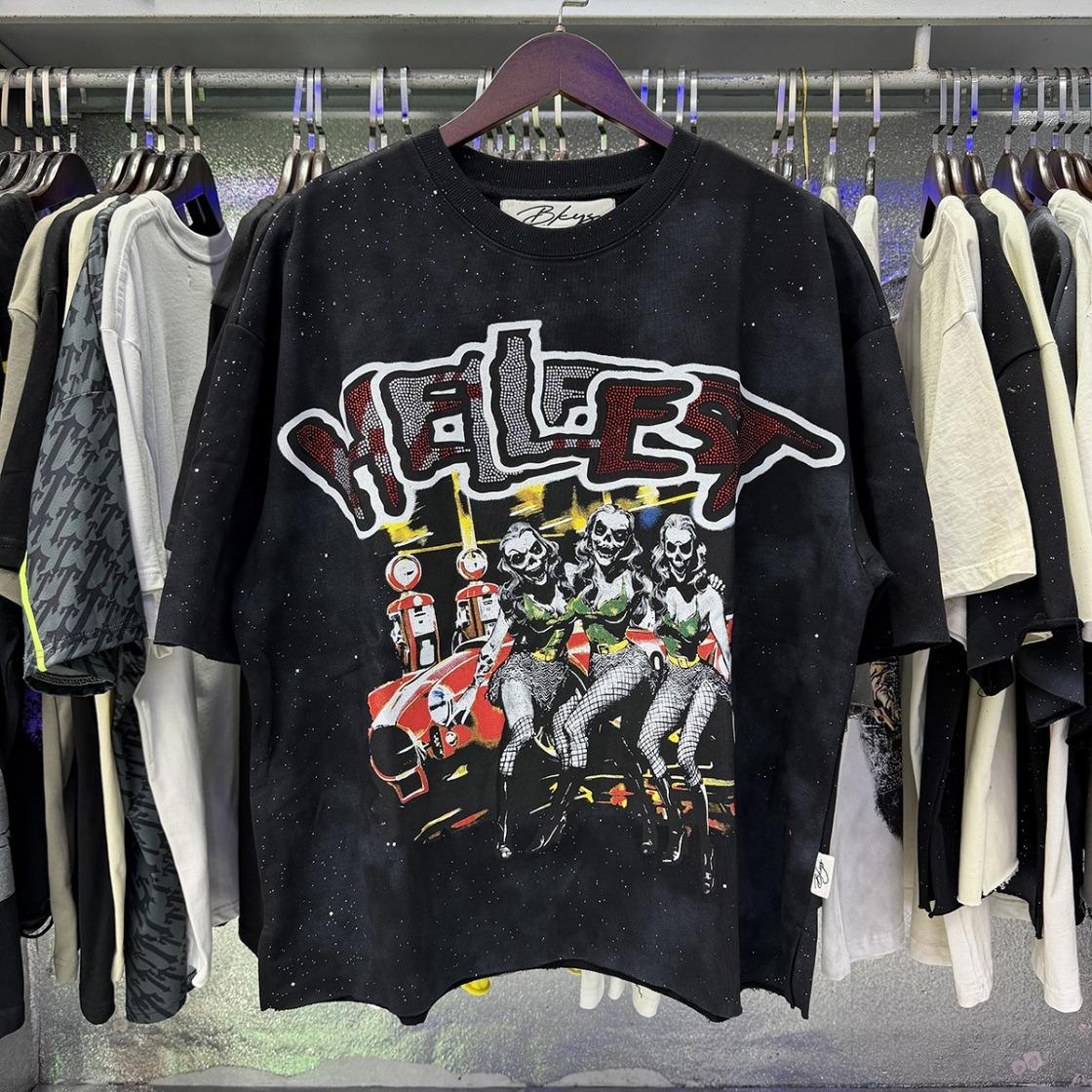 Best Quality Washed Gray Full Rhinestone Bling T-Shirt, Unisex F-Terry Cropped Tee, BKYS Skull Print High Street Hip Hop Rock Retro Y2K Vintage Streetwear, Sparkle Diamond Graphic Casual Short Sleeve Tops for Men Women