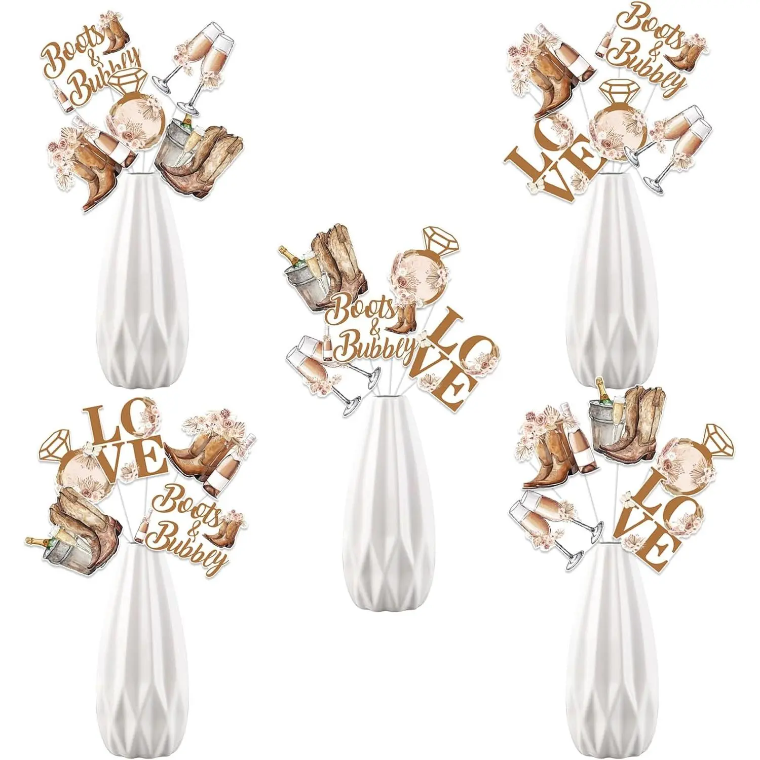 Boots and Bubbly Bridal Shower Decorations, 24 count Boho Bridal Shower Table Centerpiece Stick Rustic Brown Floral Table Toppers for  Cowgirl Bachelorette Wedding Engagement Party