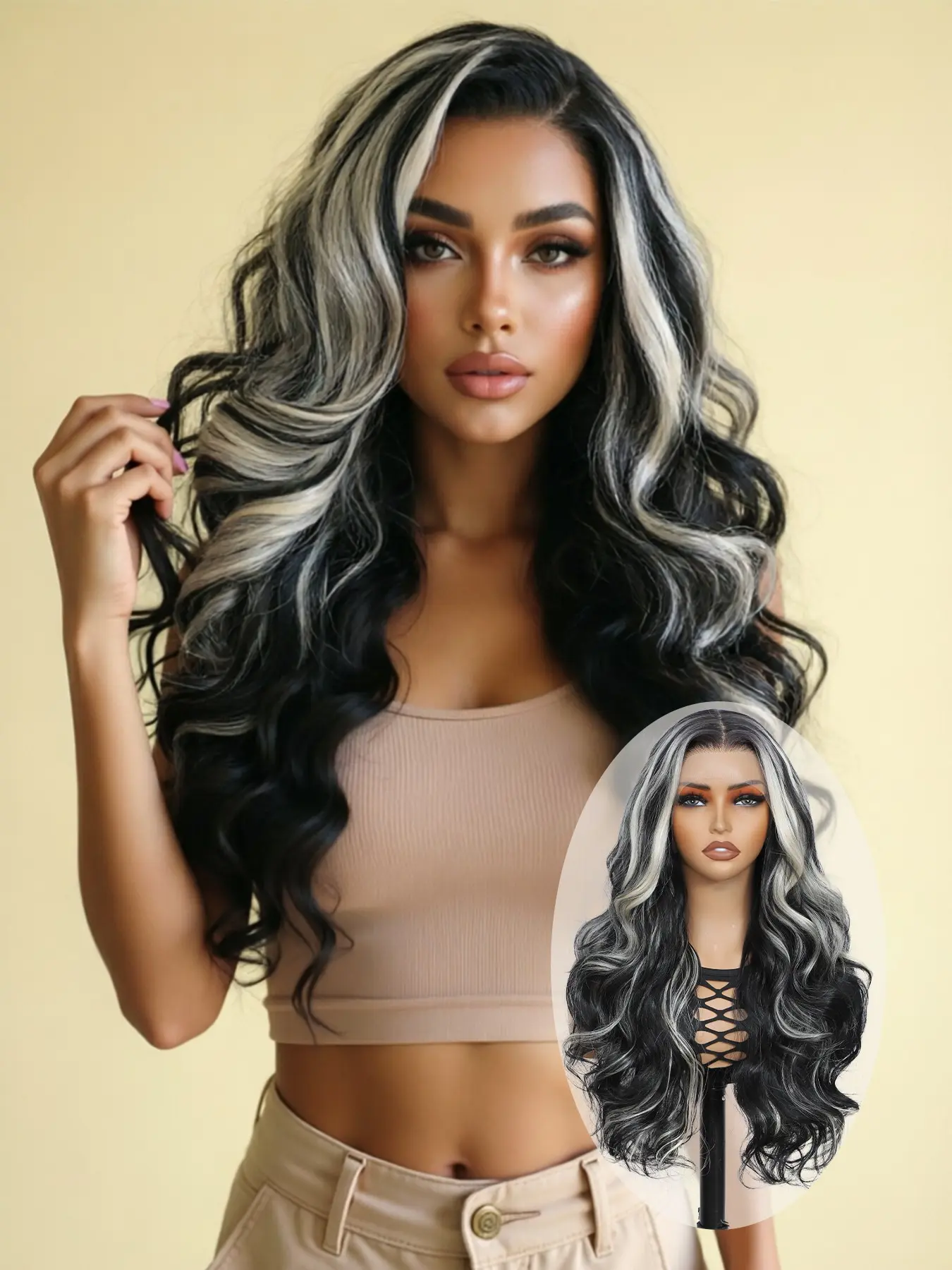Black and Gray Color Block 13x6 HD Lace Frontal Wig, Synthetic Lace Wigs, 24-Inch Natural Body Wave Curly Wig, Heat-Resistant Fiber, Pre-Plucked Hairline, Daily Wear for Women, Perfect for Cosplay, Parties