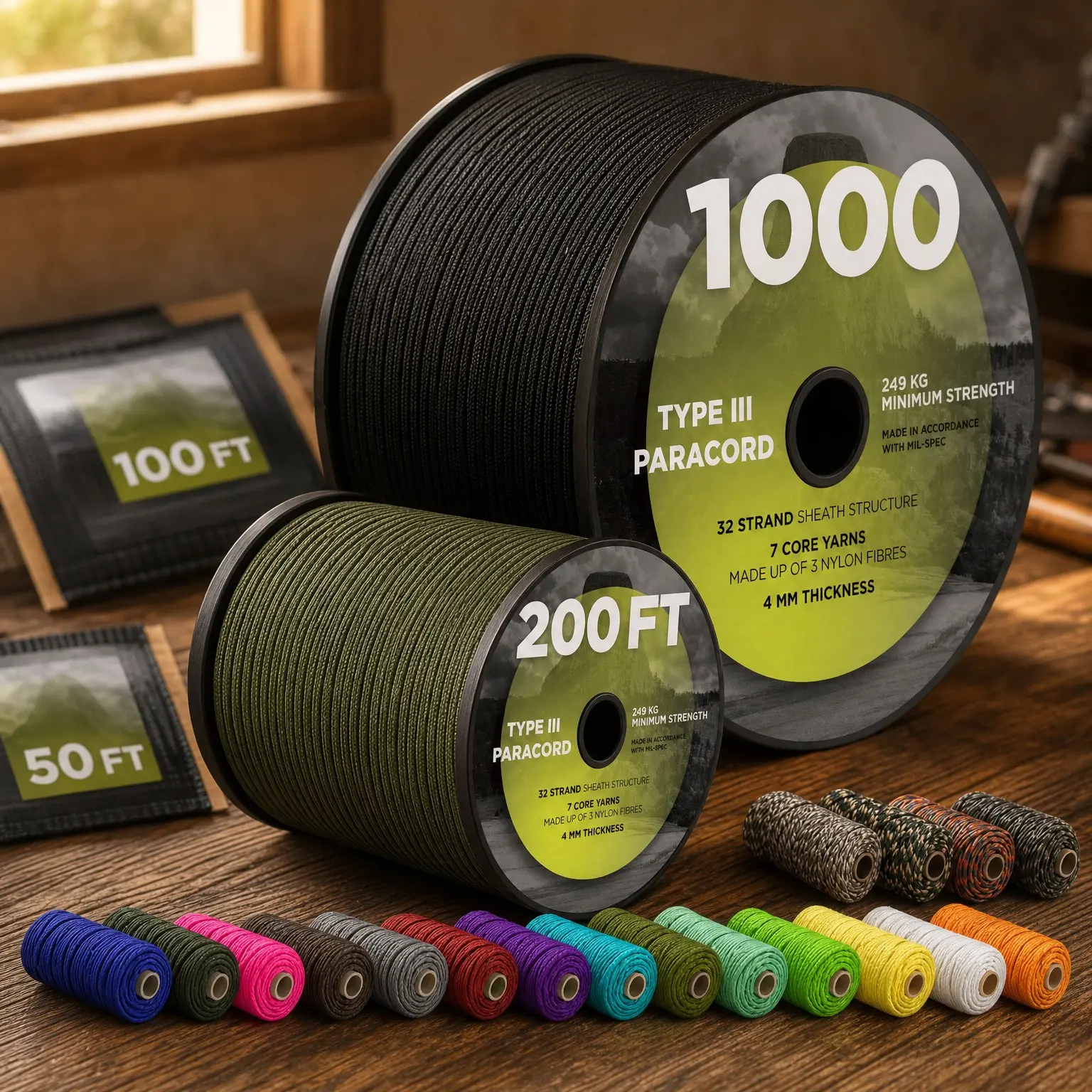 550lb 4mm Type III Paracord/Parachute Cord – 50ft to 1000ft, 45+ Colors, Nylon Core Survival Tactical Outdoor Gear, Camping Utility Rope for Clothesline