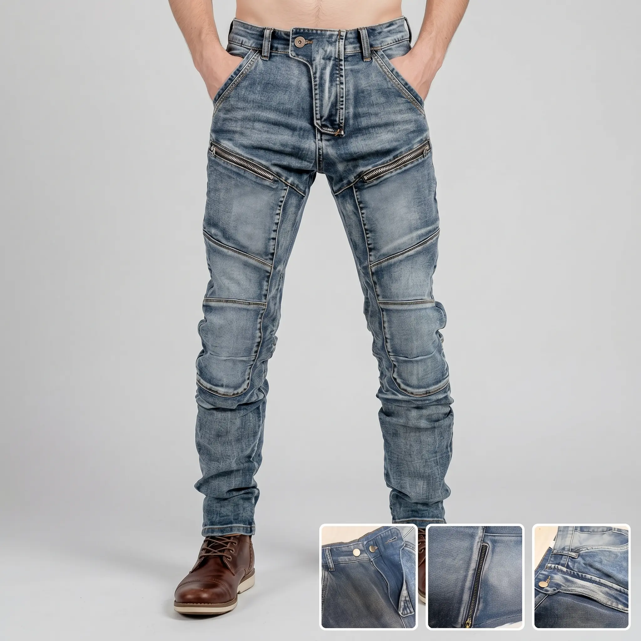 Men's Kevlar-Reinforced Slim Fit Motorcycle Jeans - Dual Zipper, 3D Panel Stitching, Anti-Fall Durable Denim Trousers, Ankle Length, 34 Length Menswear for Riders, All Seasons Use, 34 Length Men's Jeans