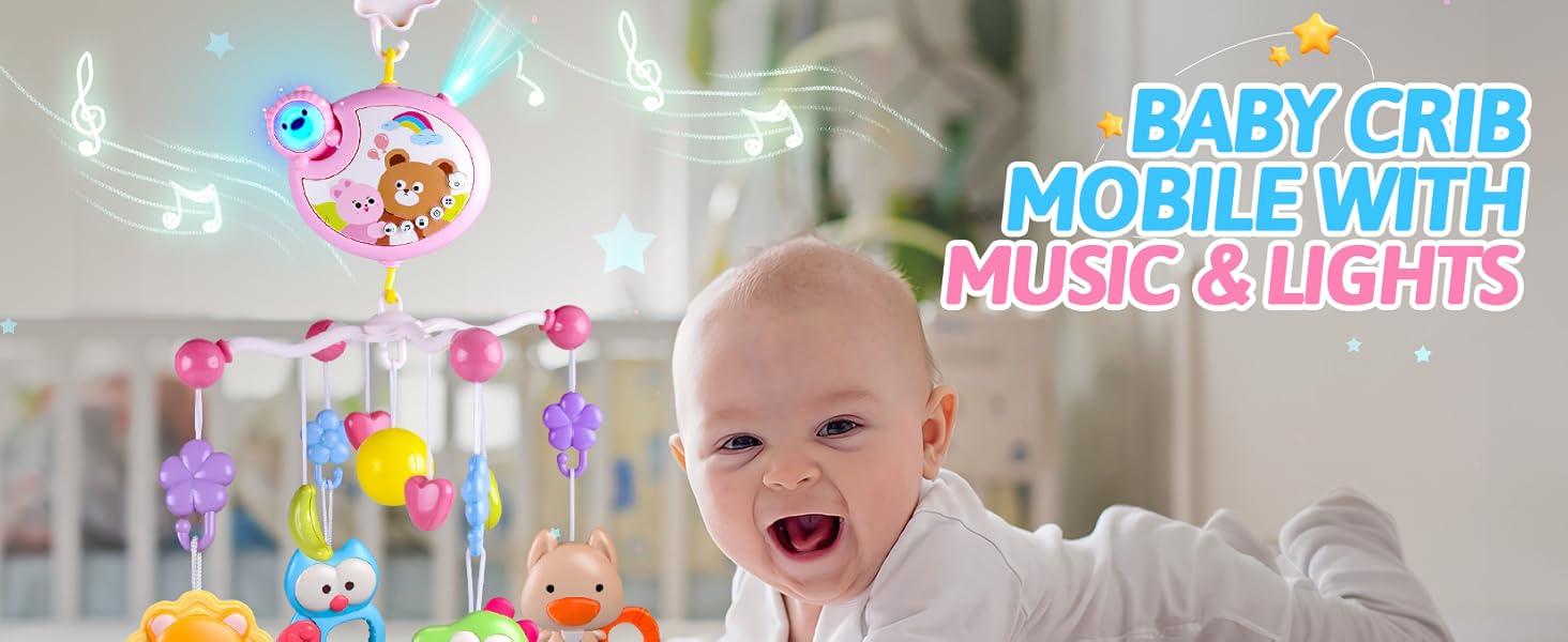 Crib Mobile with Music and Lights, Baby Mobiles for Cribs, Nursery Musical Mobile for Bassinets Toys Hanging Girls Boys, Pack and Play Space Portable Animal Mobile Hanger Arm Clip On Attachment