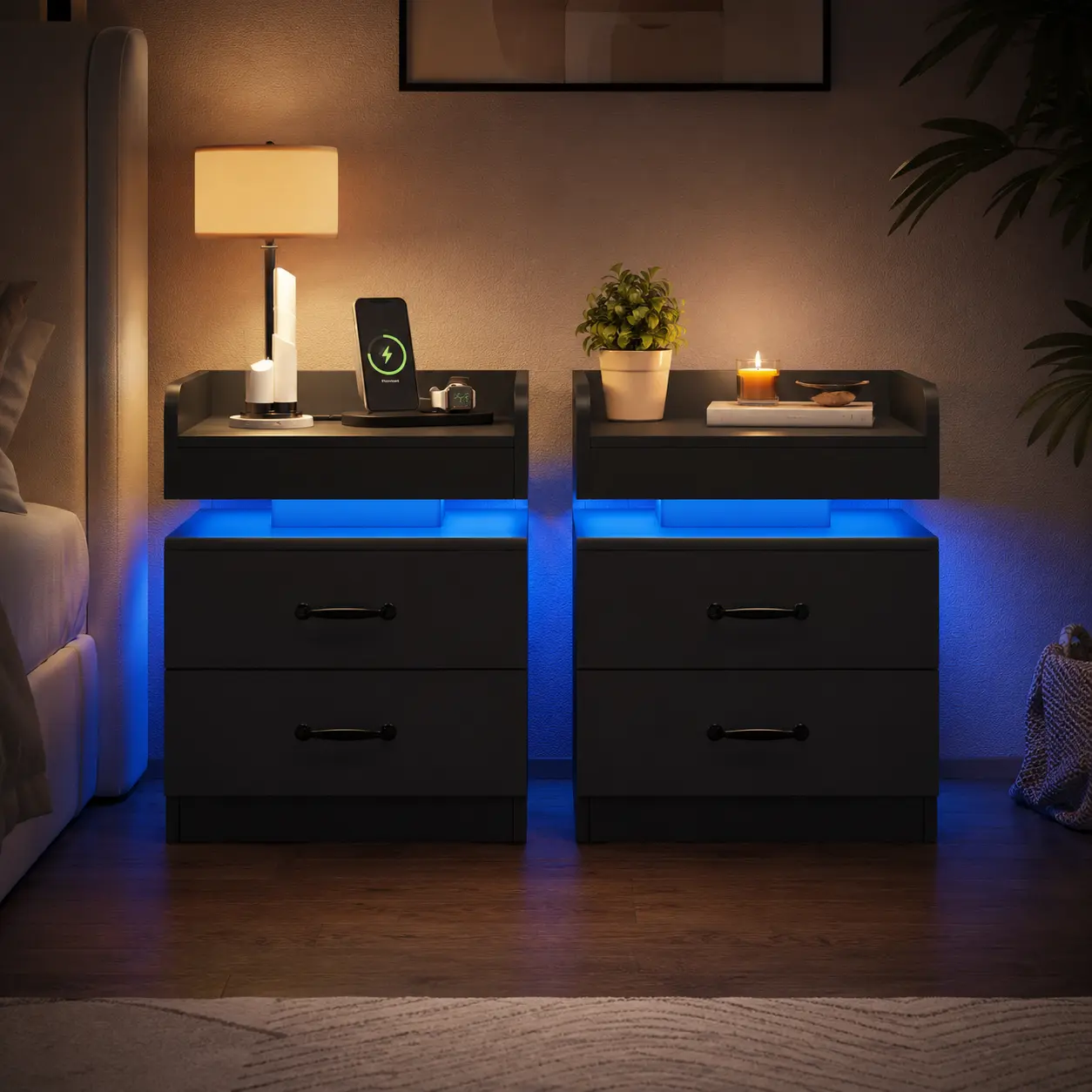 Two-piece LED bedside cabinets with double drawers, modern nightstands, bedroom side tables and end tables, available in black, white and gray (equipped with USB light strips)