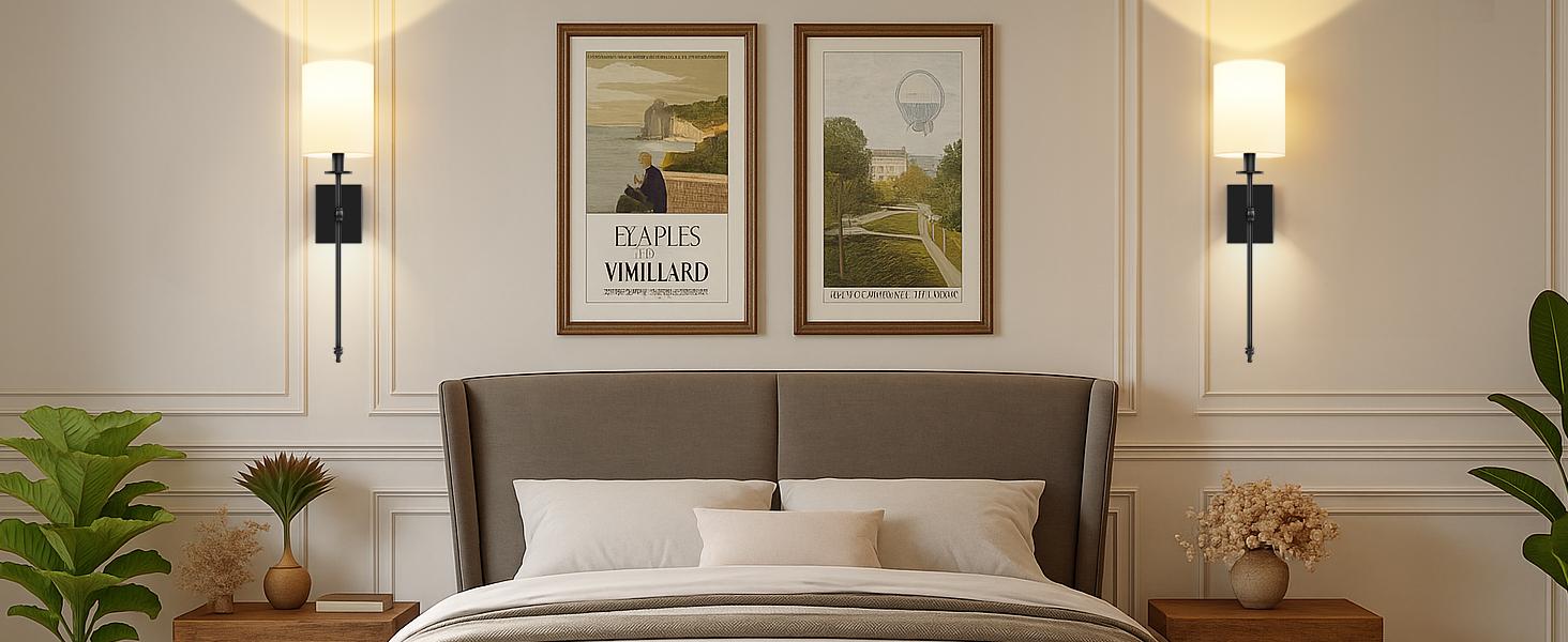 27 Inch Rechargable Wall Sconces Set of 2, Wireless Wall Sconces Lights with Remote, Not Hardwired Dimmable Gold Wall Lamps with White Fabric Shade for Bedroom, 2 Rechargable Bulbs Included