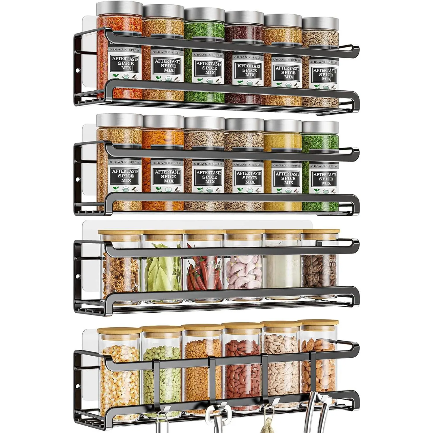 Rack Wall Mounted 4 Pack,Space-Saving  Organizer for  Jars and Seasonings,Screw or Adhesive   Rack Organizer for Your Kitchen Cabinet,Pantry Door,11.41x2.75x2.75in