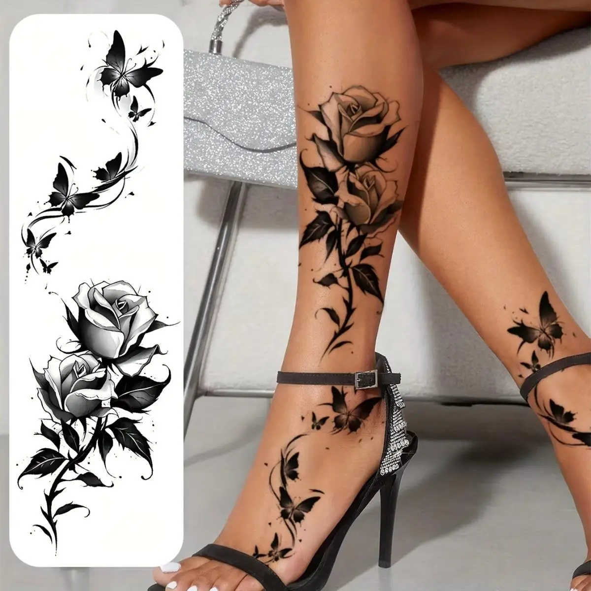 Monochrome Flower Butterfly Temporary Tattoo Stickers, 2-Piece Waterproof & Long-Lasting Body Art for Arm, Leg, and Chest