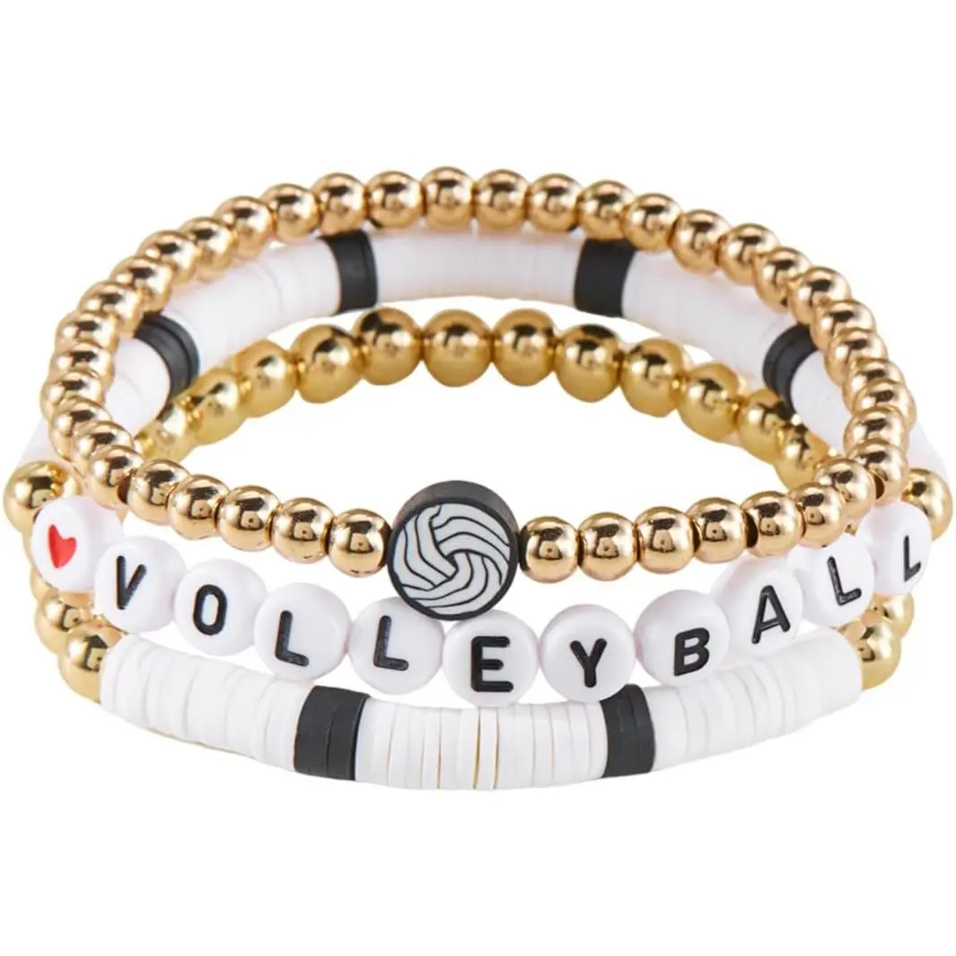 3 count Dainty Football Soccer Baseball Basketball Rugby Volleyball Polymer Clay Beaded  Bracelets   Beaded  Ball Stretch Bracelet for Women Men  Team