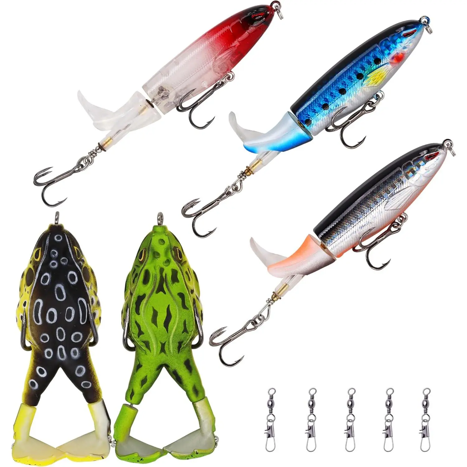 Topwater Bass Fishing Lure Kit, Plopping Propeller Tail Bigger Splash Whopping, Soft Plastic Frog   Eyes Lifelike  , for Bass Snakehead Musky Pike Walleye, 5 count…